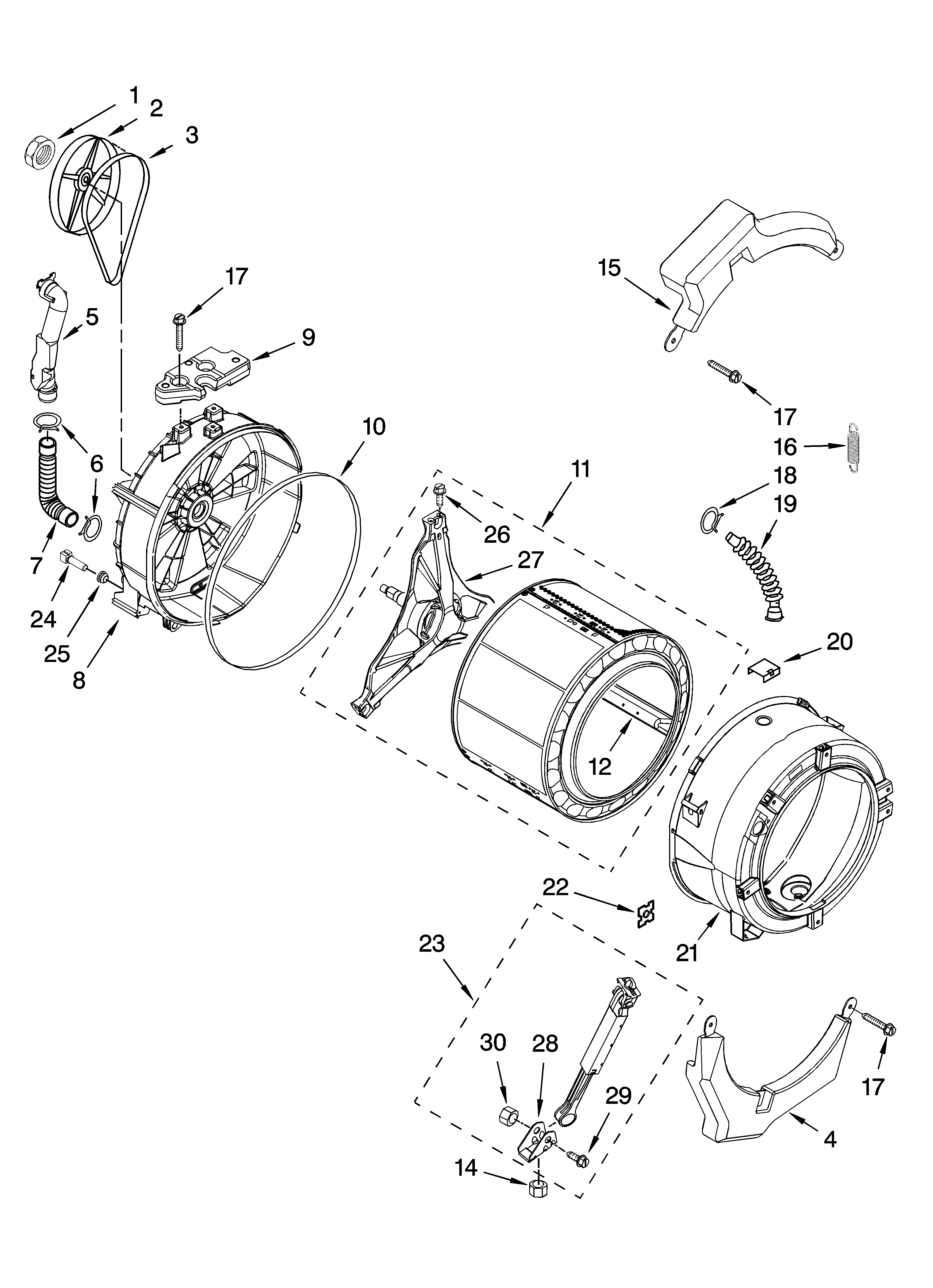 Tub and basket parts, optional parts (not included)