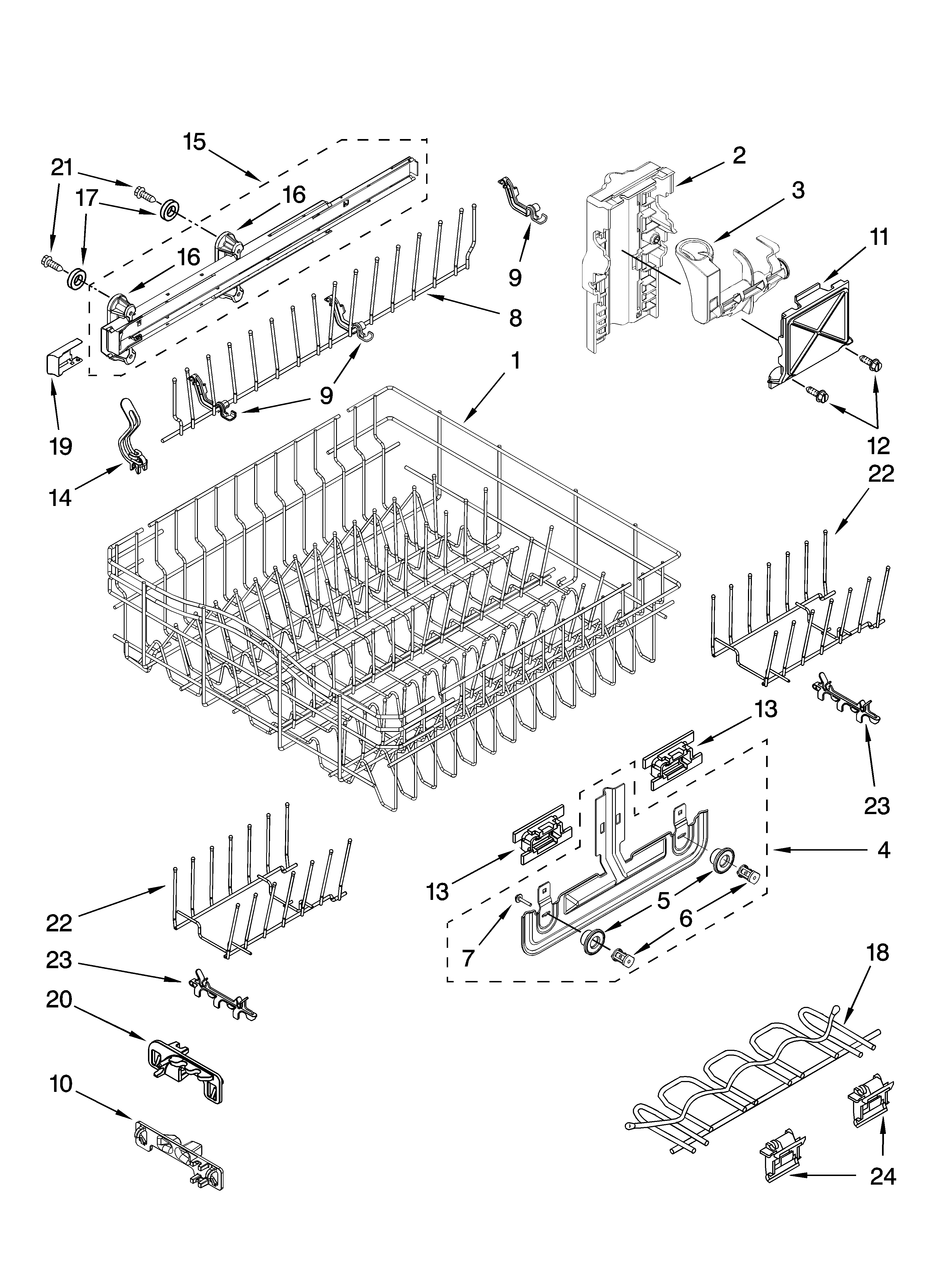 Upper rack and track parts