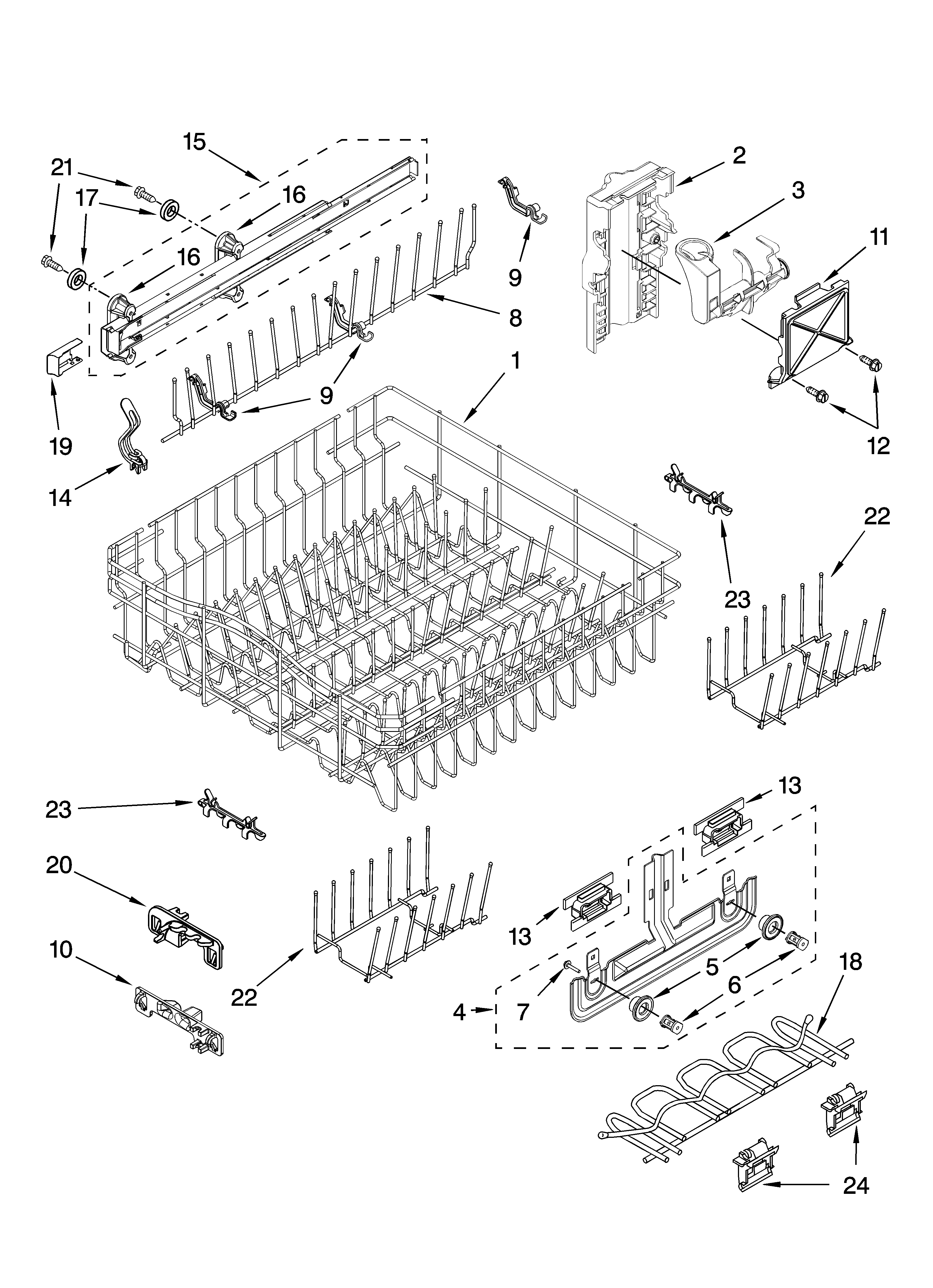 Upper rack and track parts