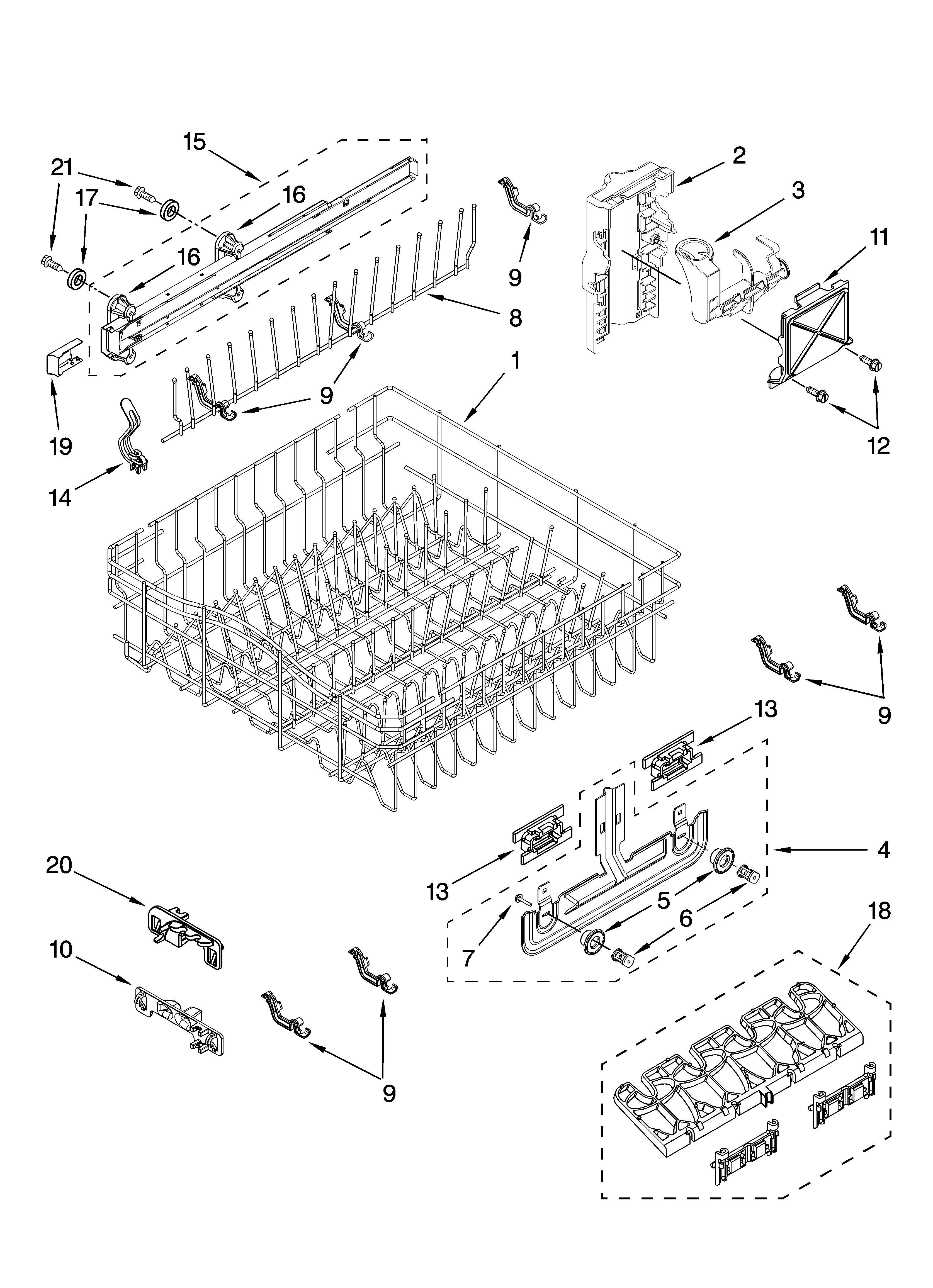 Upper rack and track parts