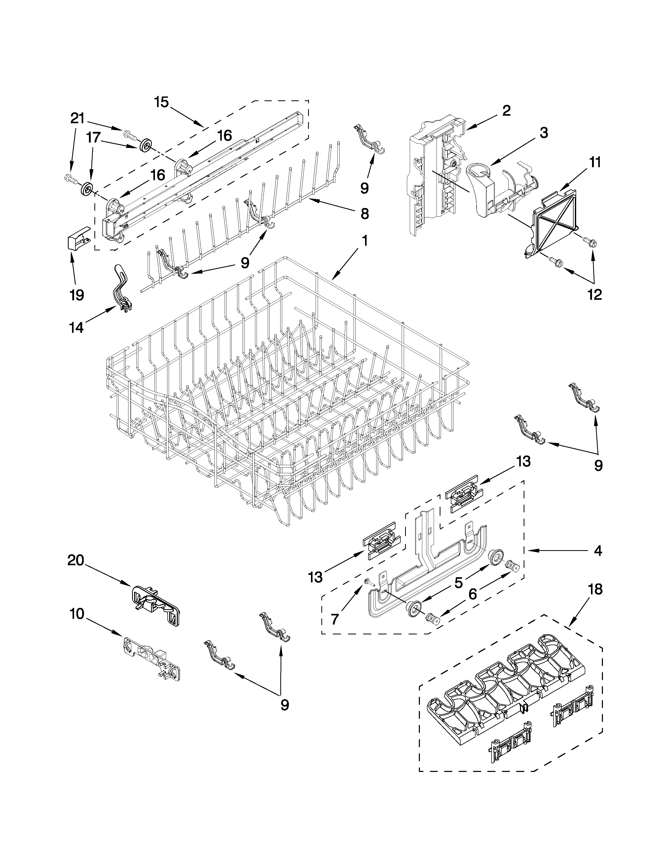Upper rack and track parts