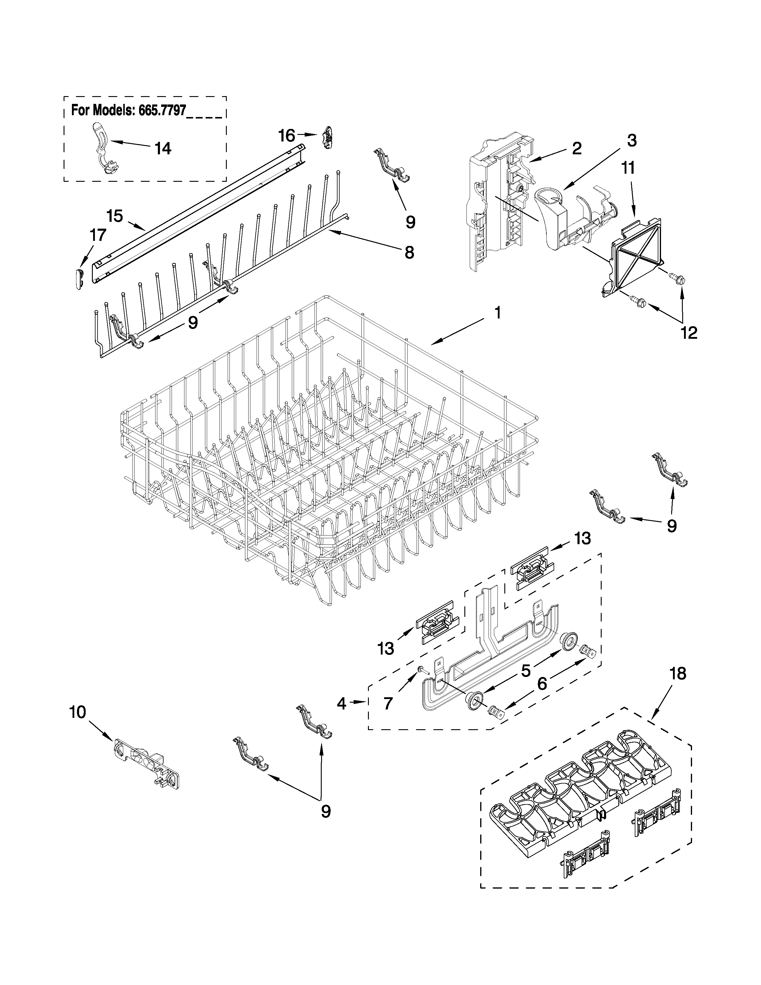 Upper rack and track parts