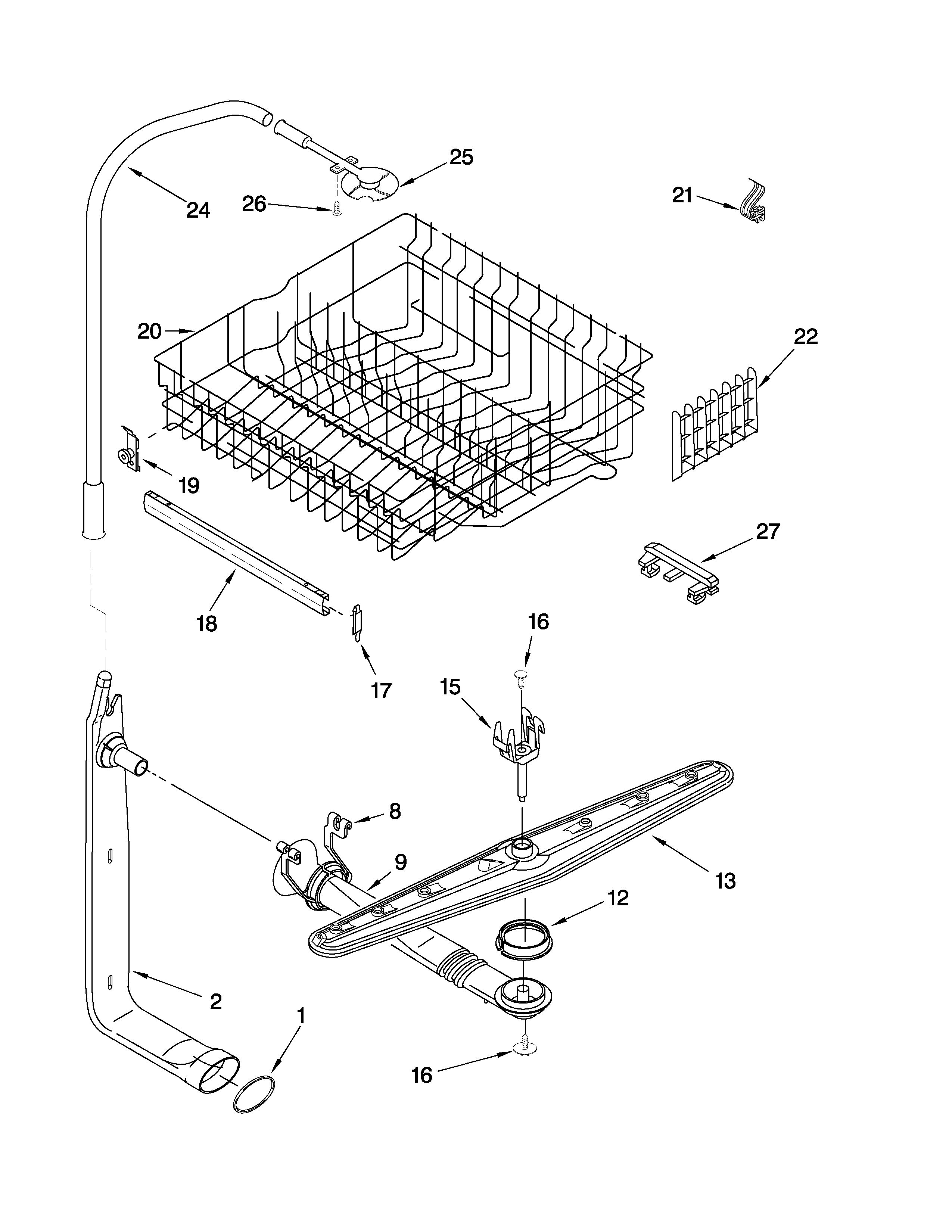 Upper dishrack and water feed parts