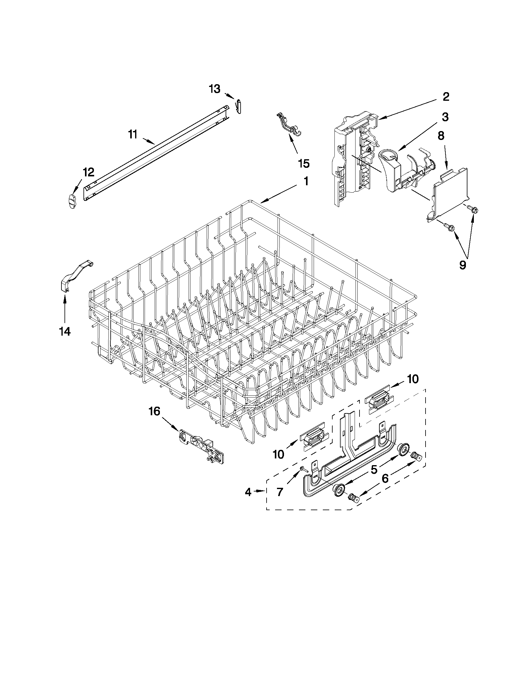 Upper rack and track parts