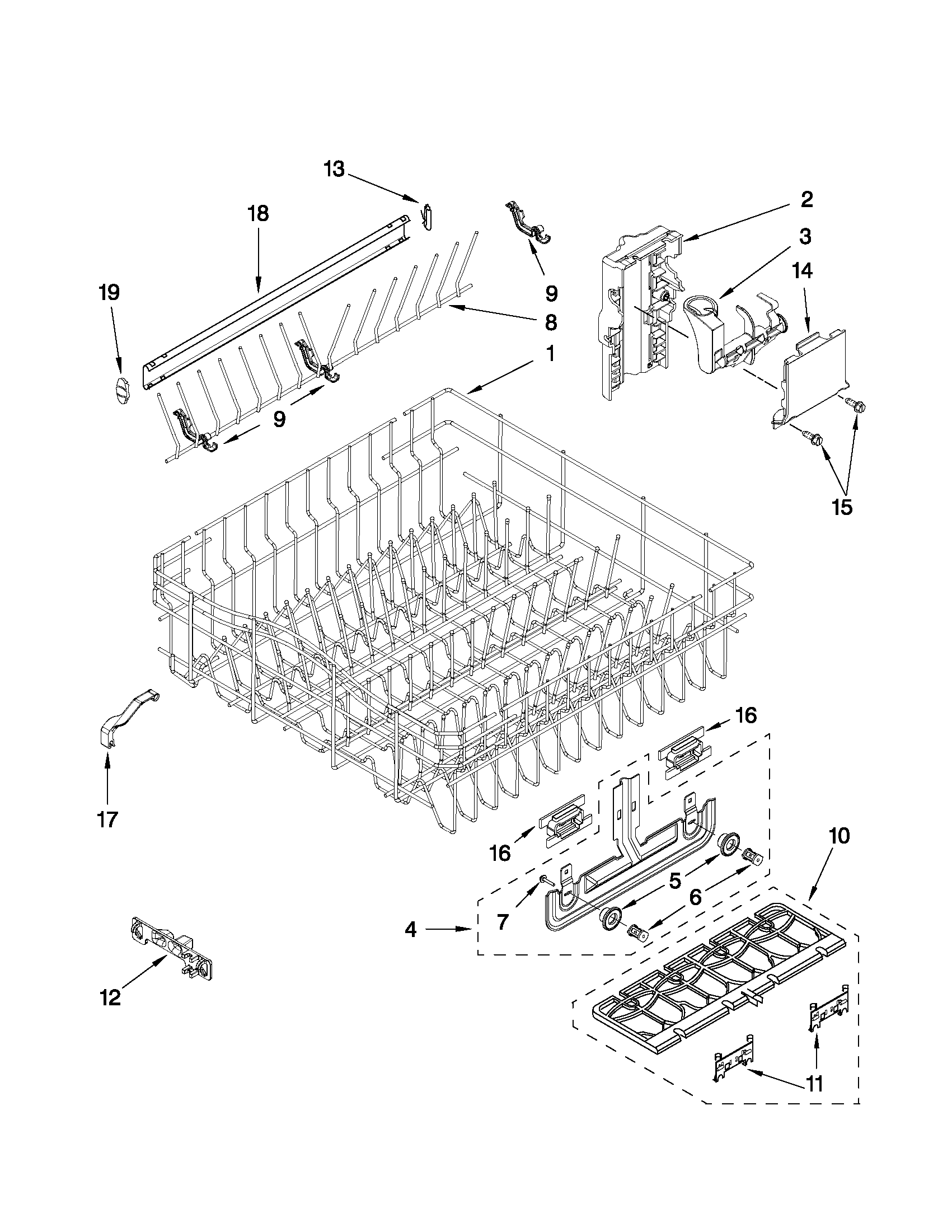 Upper rack and track parts