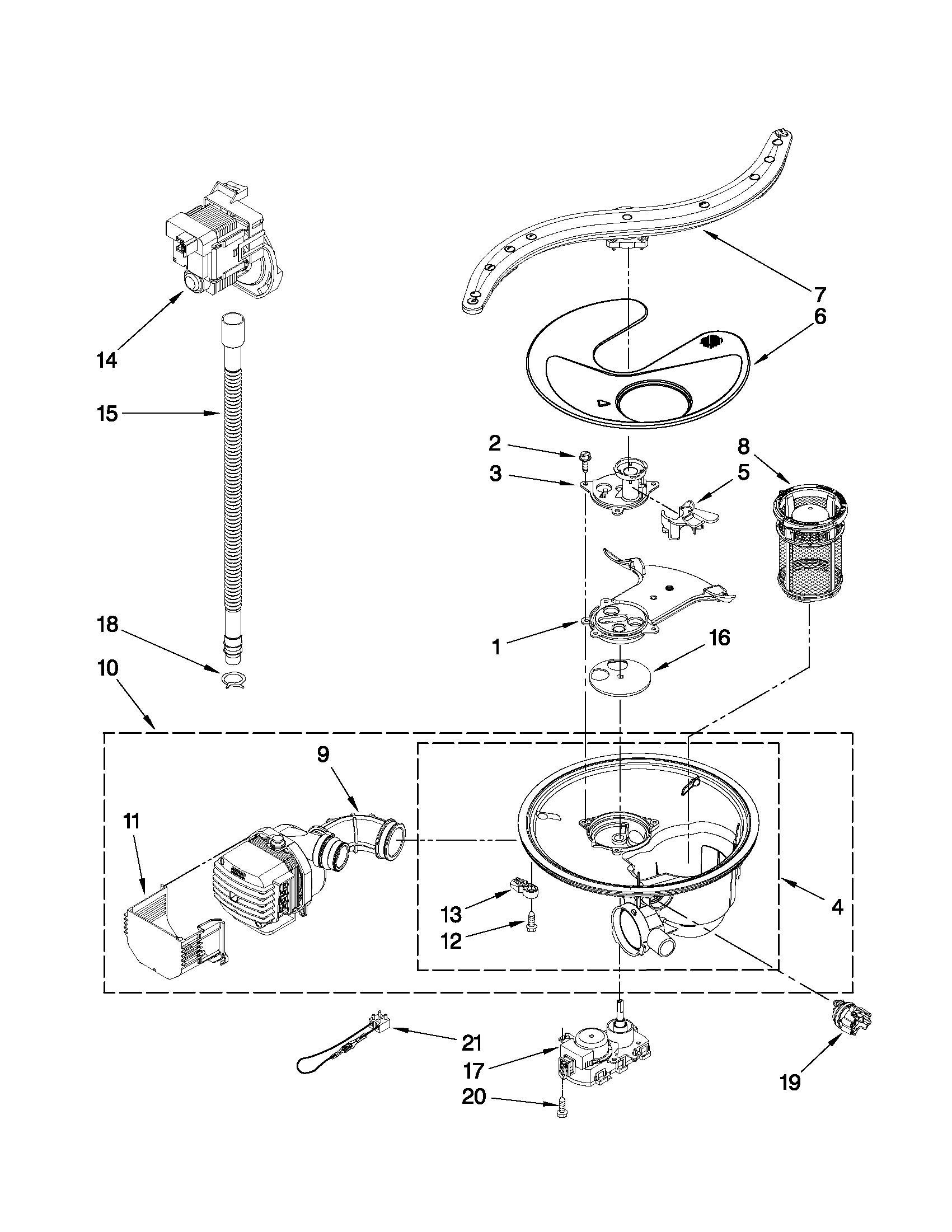 Pump, washarm and motor parts