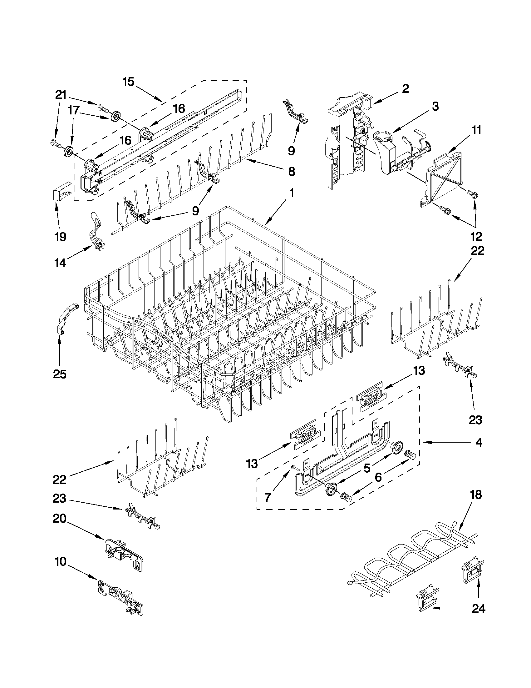 Upper rack and track parts