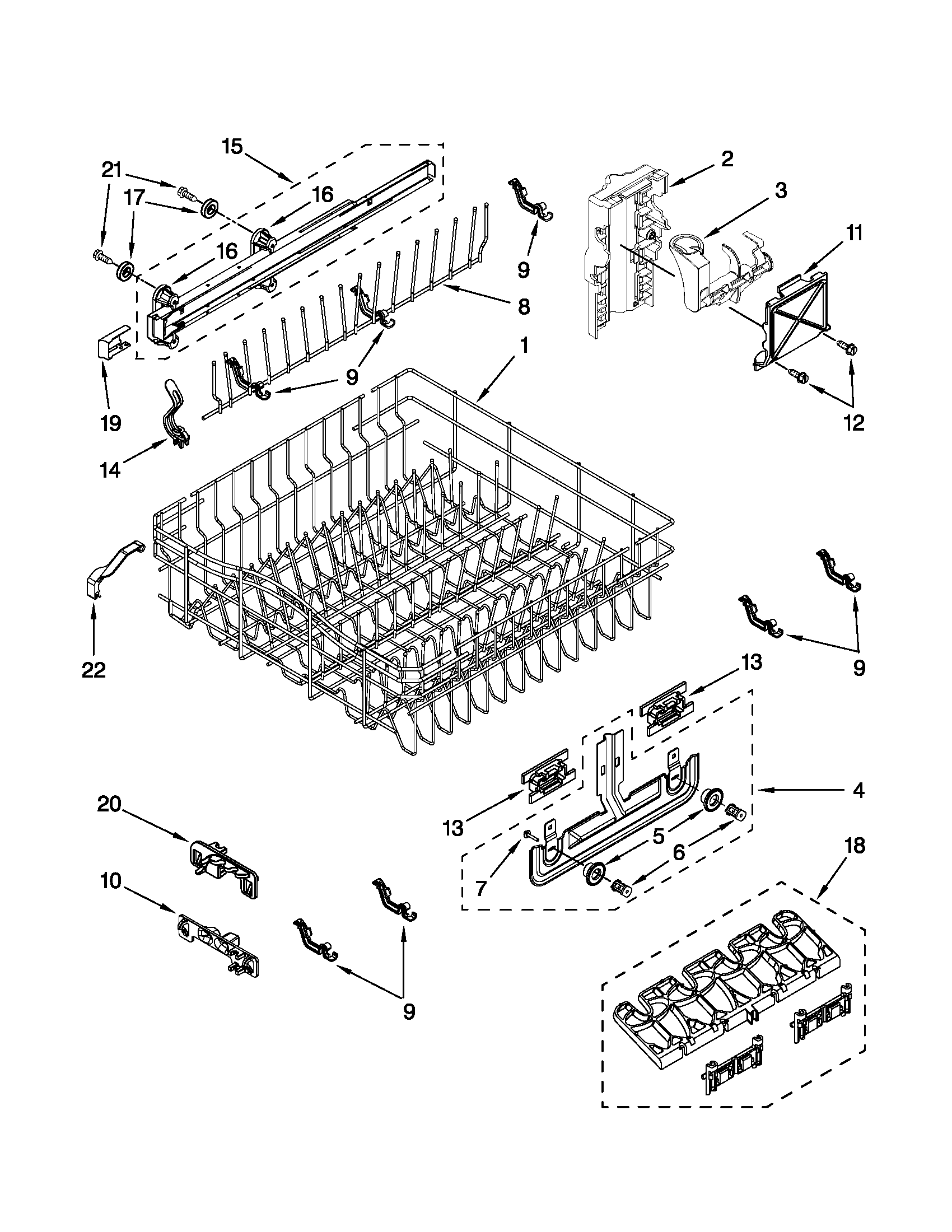 Upper rack and track parts