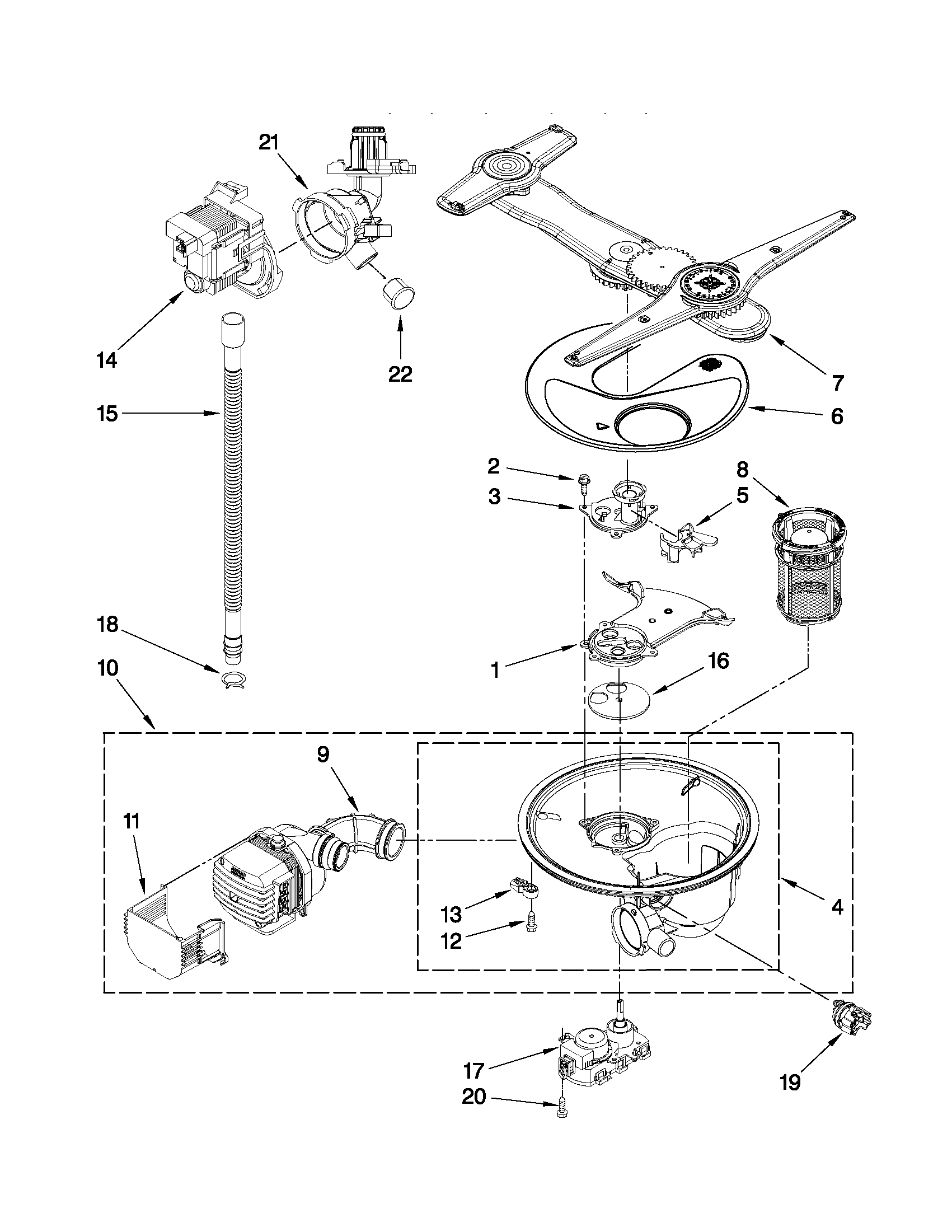 Pump, washarm and motor parts