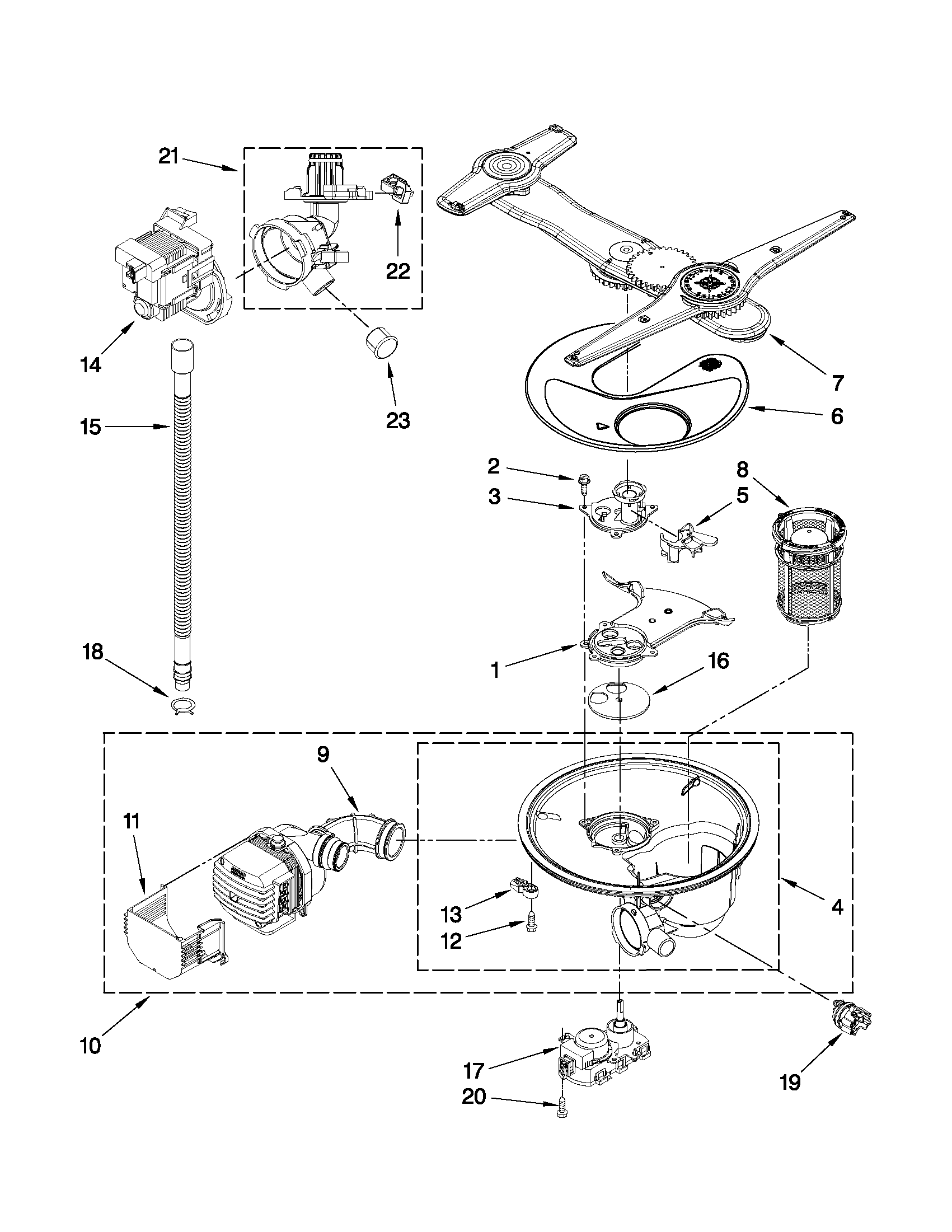 Pump, washarm and motor parts