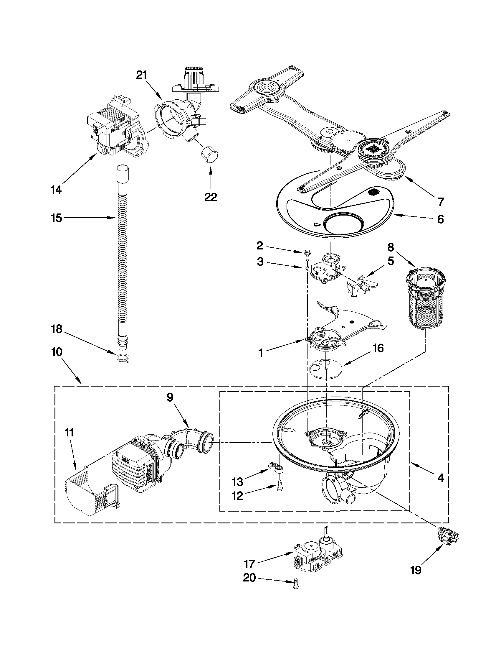 Pump, washarm and motor parts