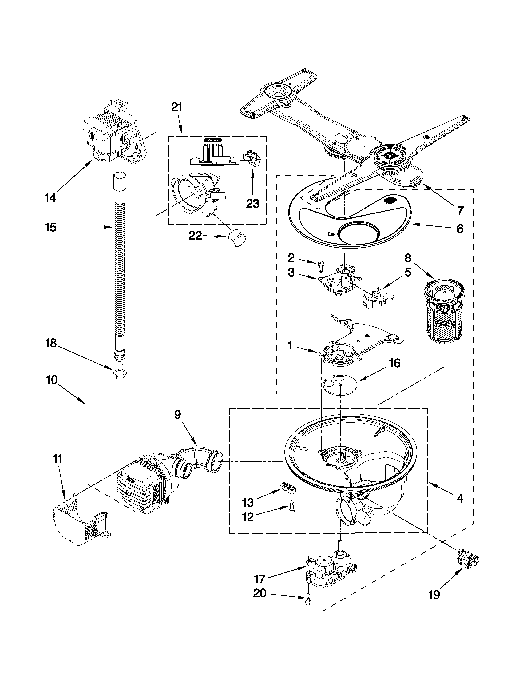 Pump, washarm and motor parts