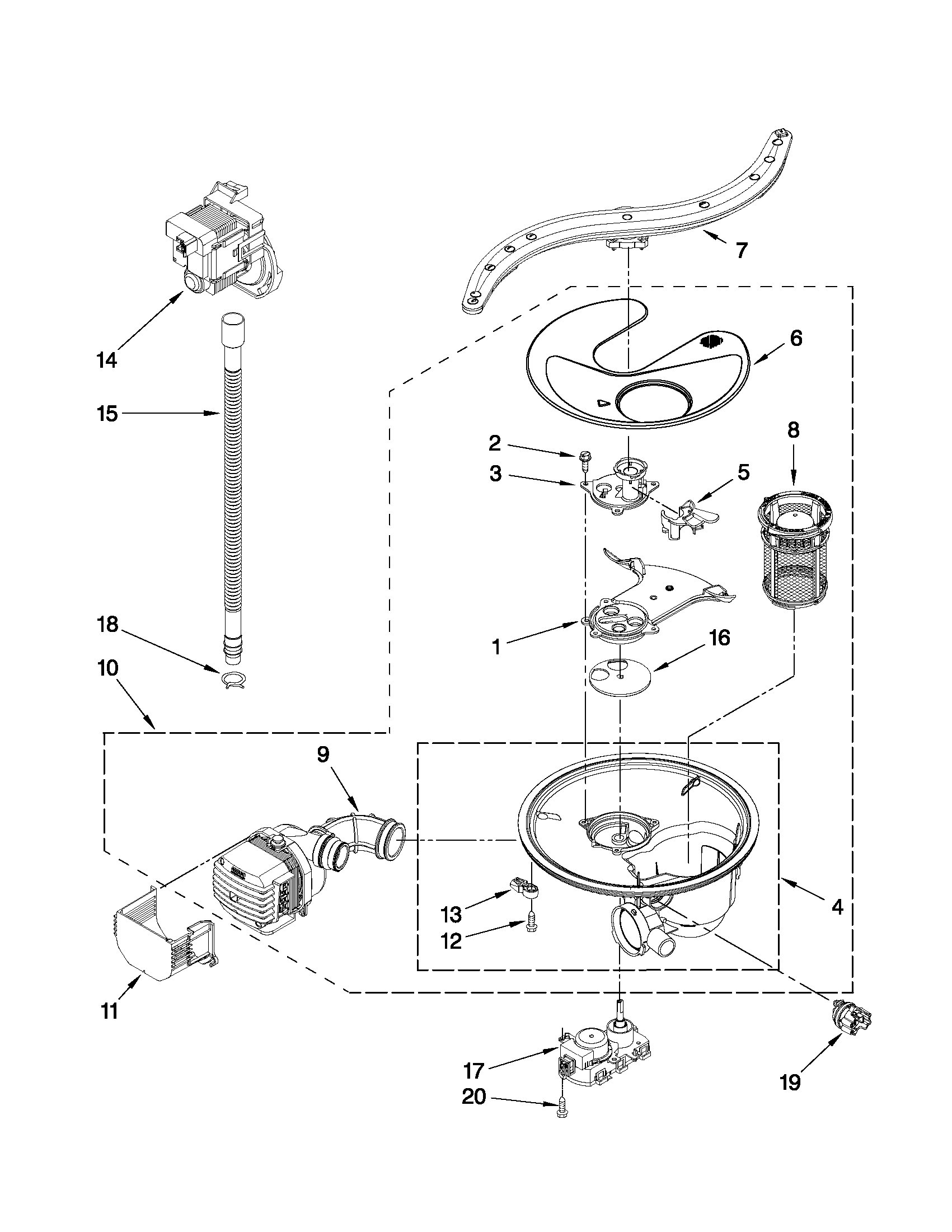 Pump, washarm and motor parts