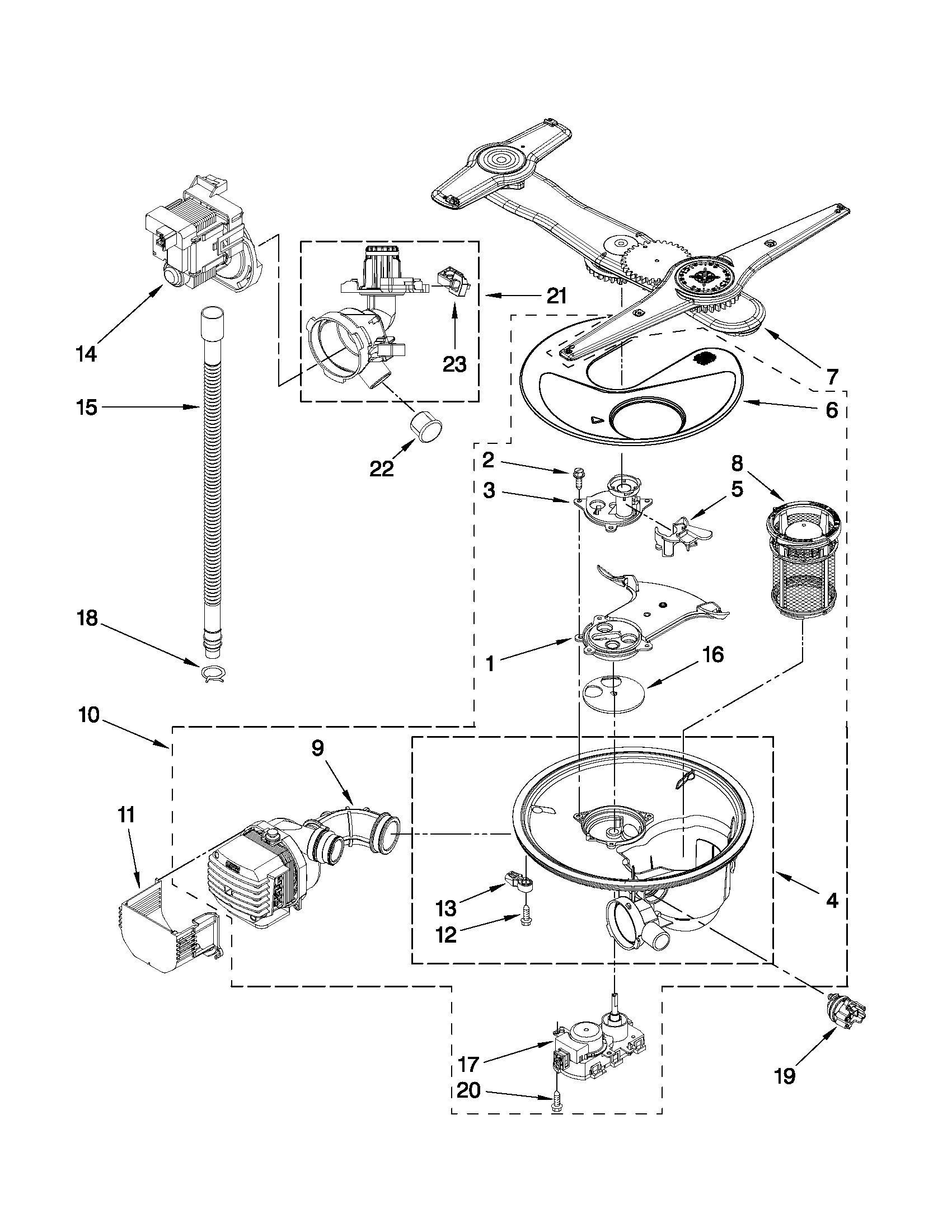 Pump, washarm and motor parts