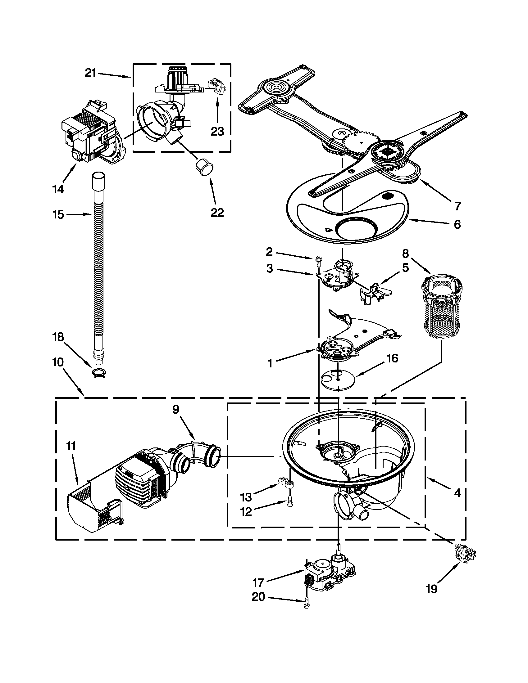 Pump, washarm and motor parts