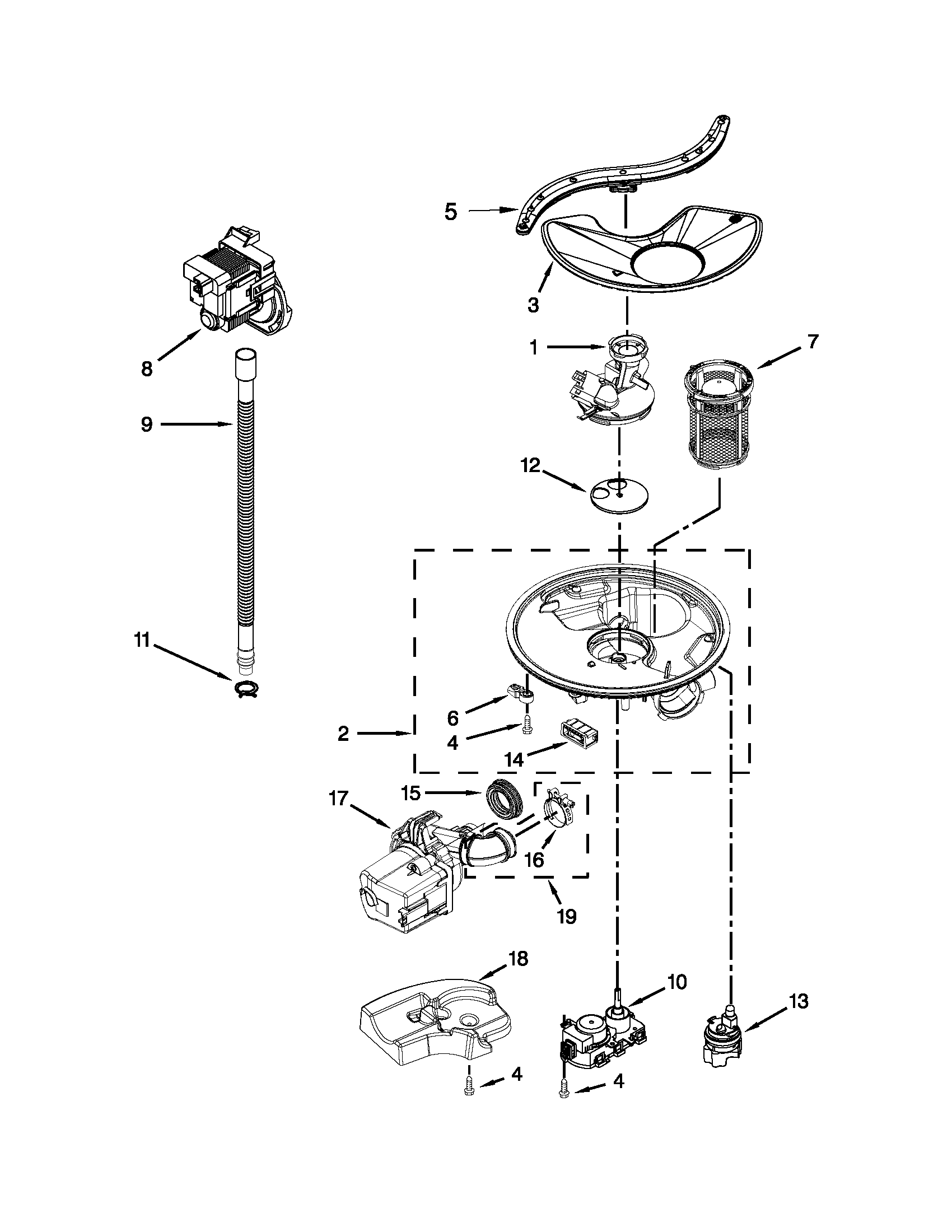 Pump, washarm and motor parts