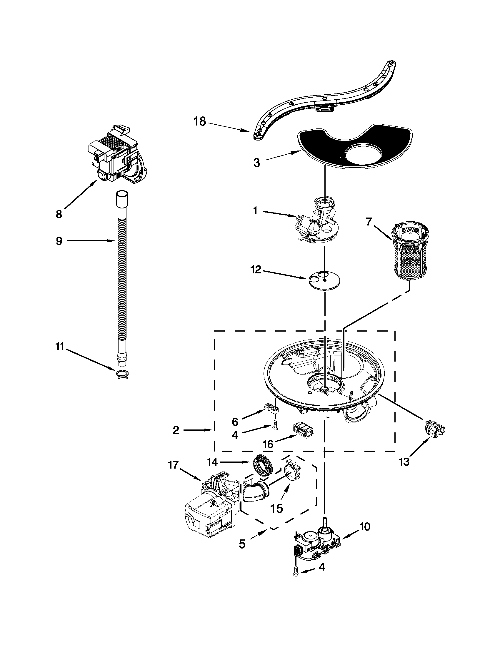 Pump, washarm and motor parts