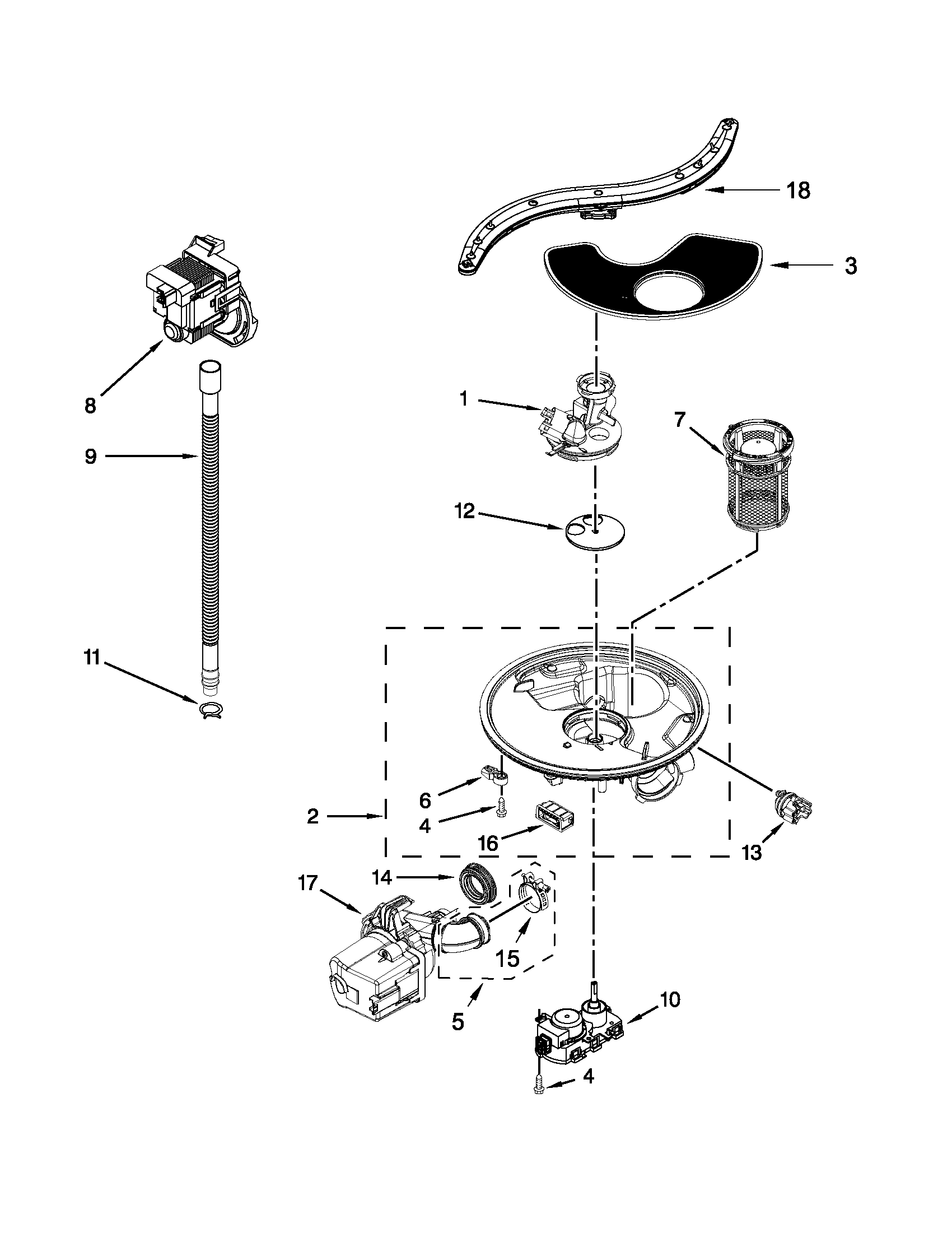 Pump, washarm and motor parts