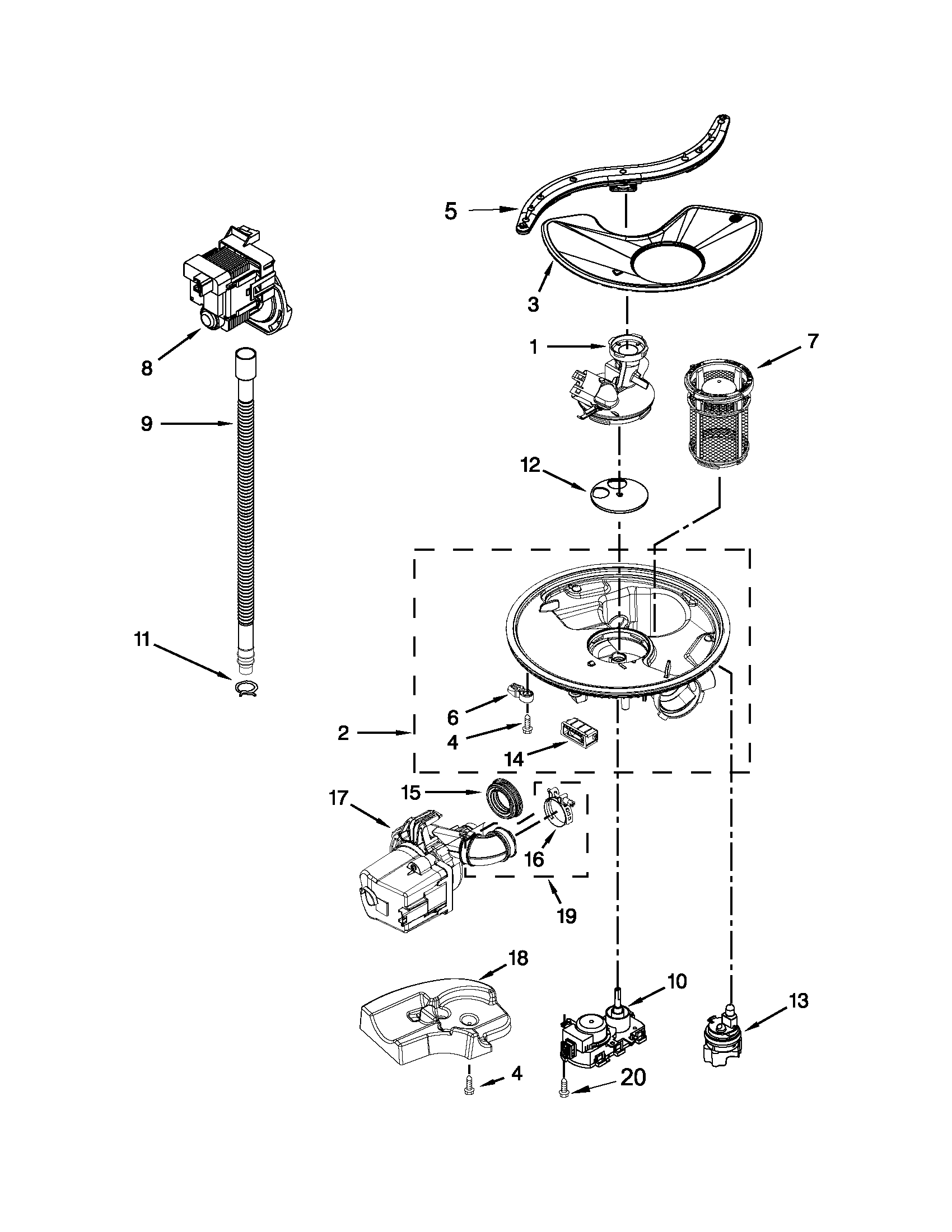 Pump, washarm and motor parts