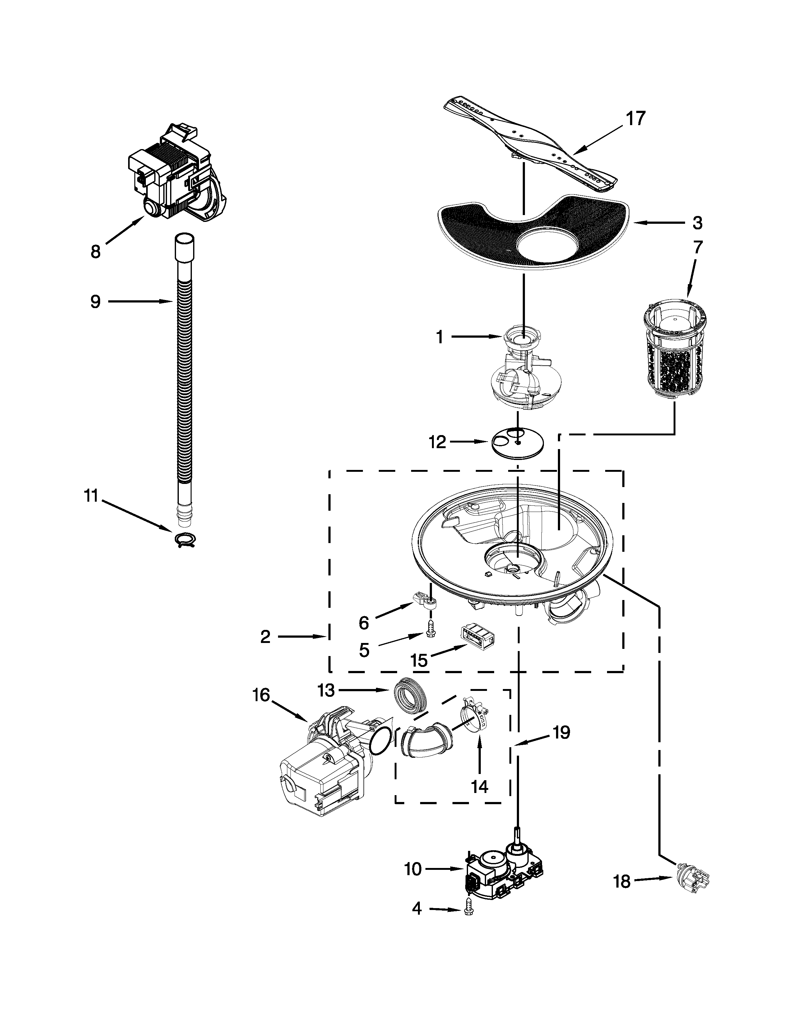 Pump, washarm and motor parts