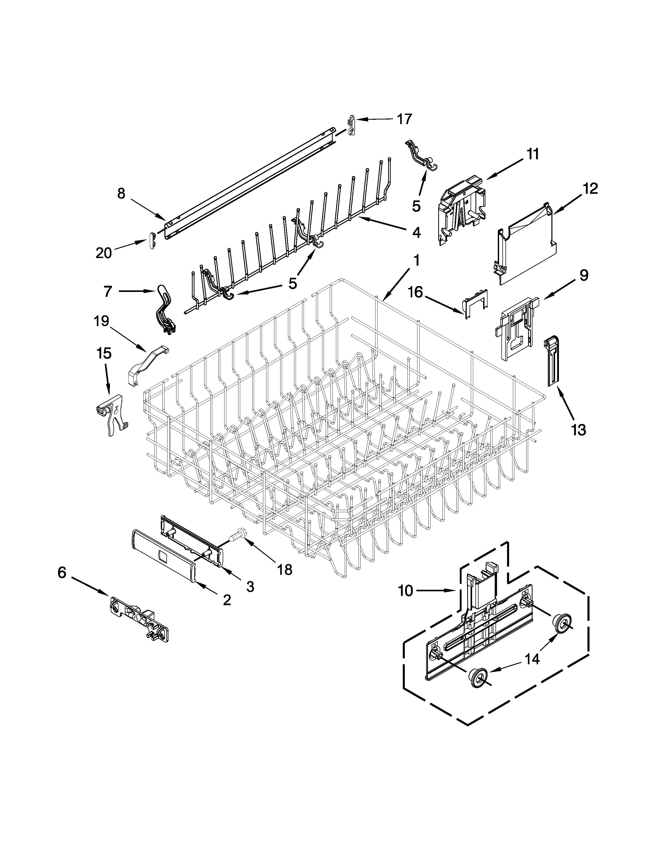 UPPER RACK AND RINSE PARTS