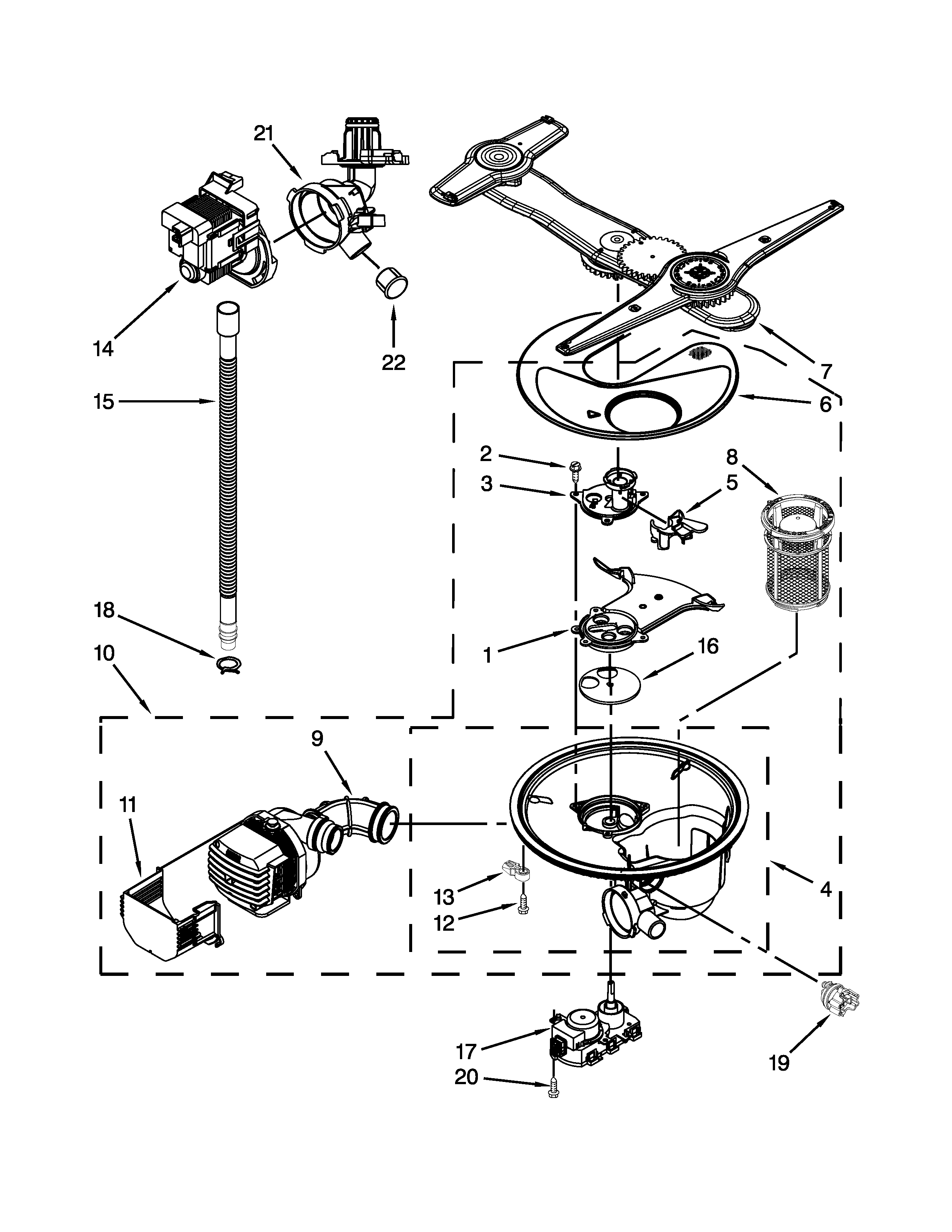 Pump, washarm and motor parts