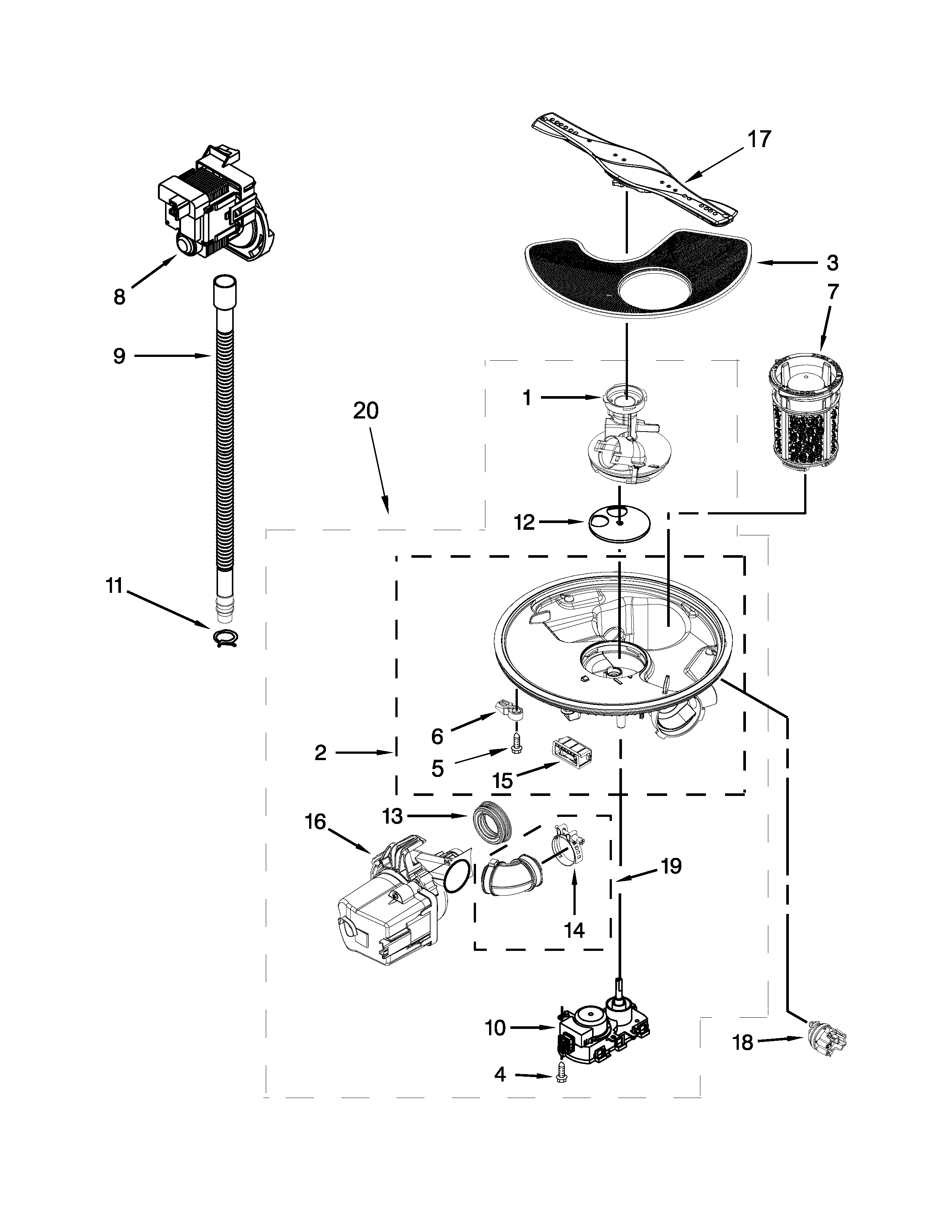 Pump, washarm and motor parts
