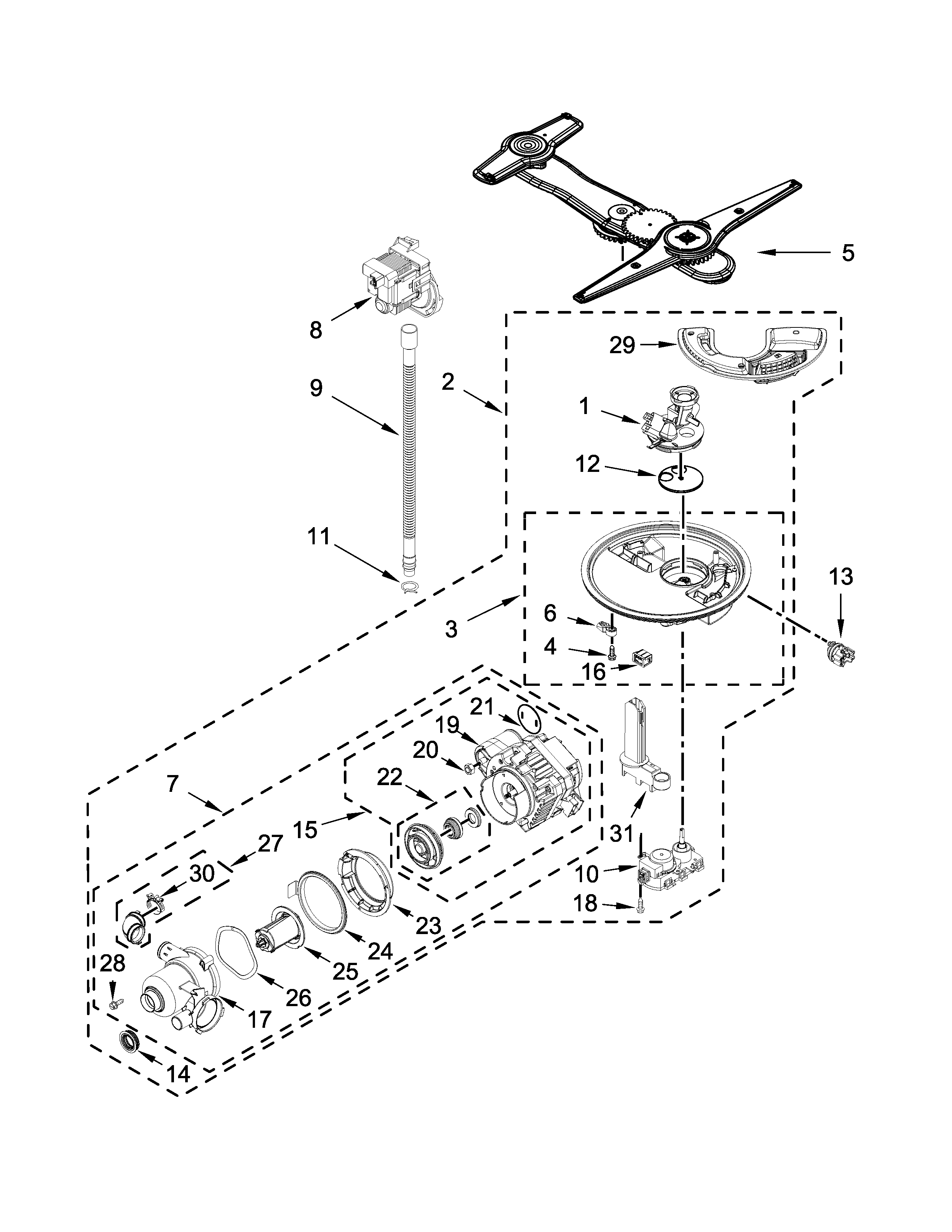 Pump, washarm and motor parts