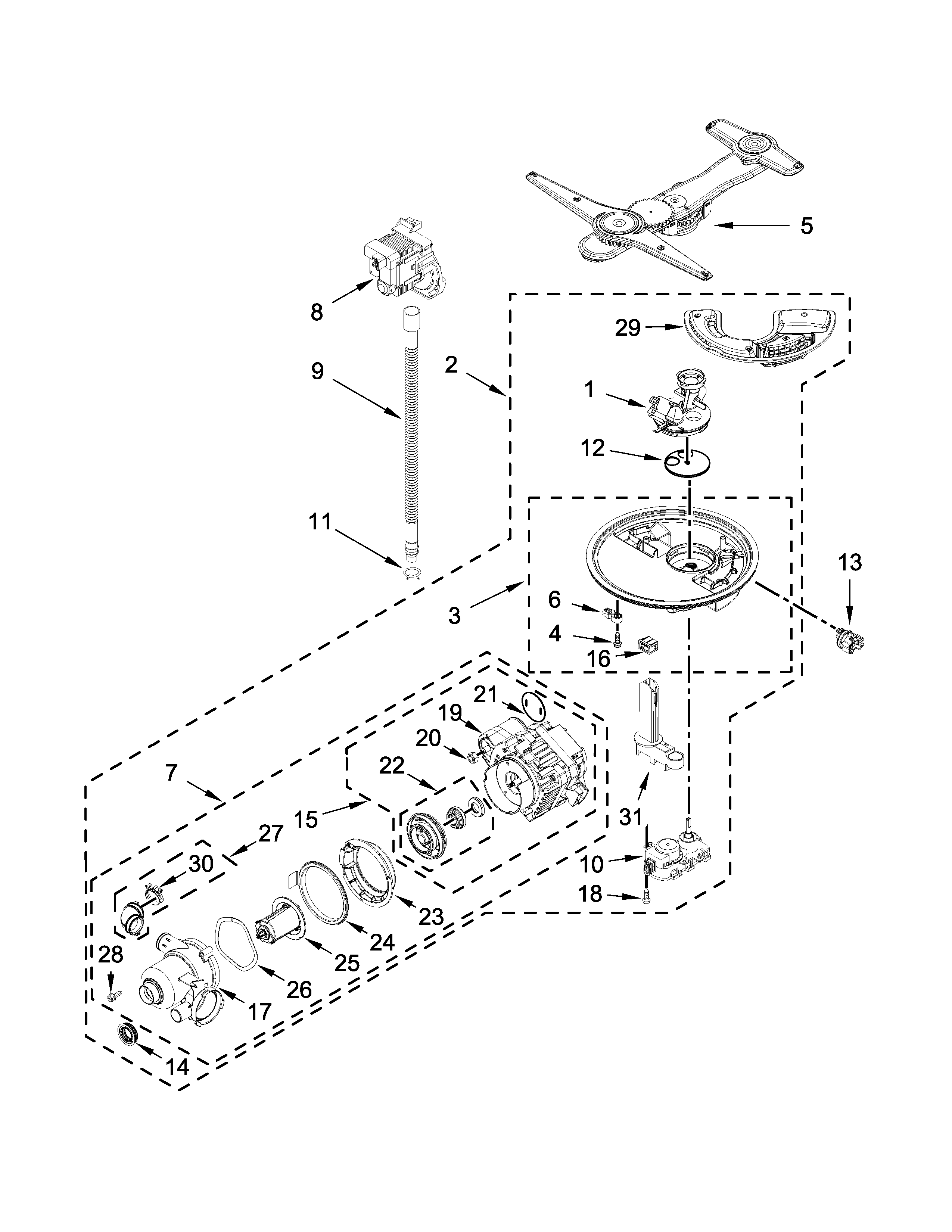 Pump, washarm and motor parts