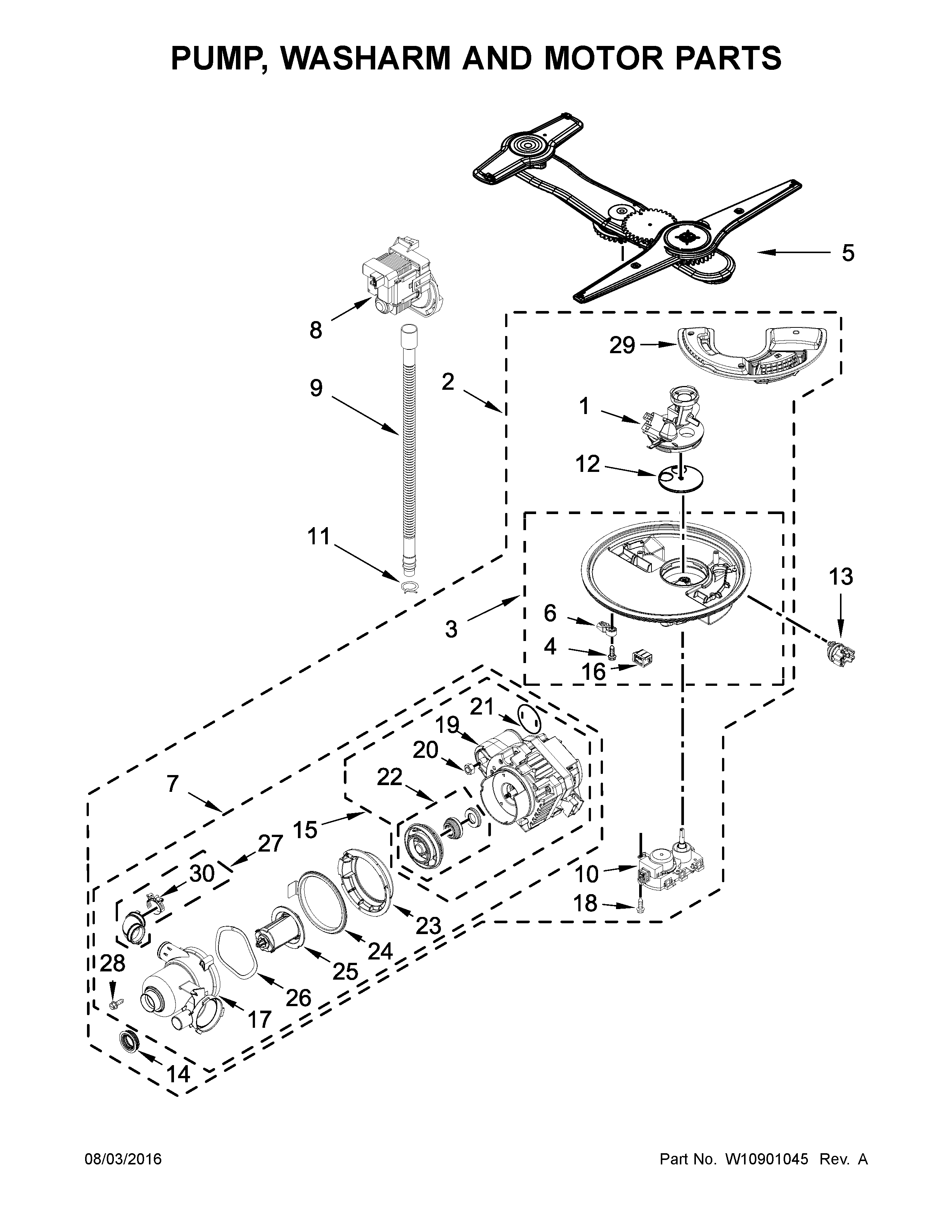 Pump, washarm and motor parts
