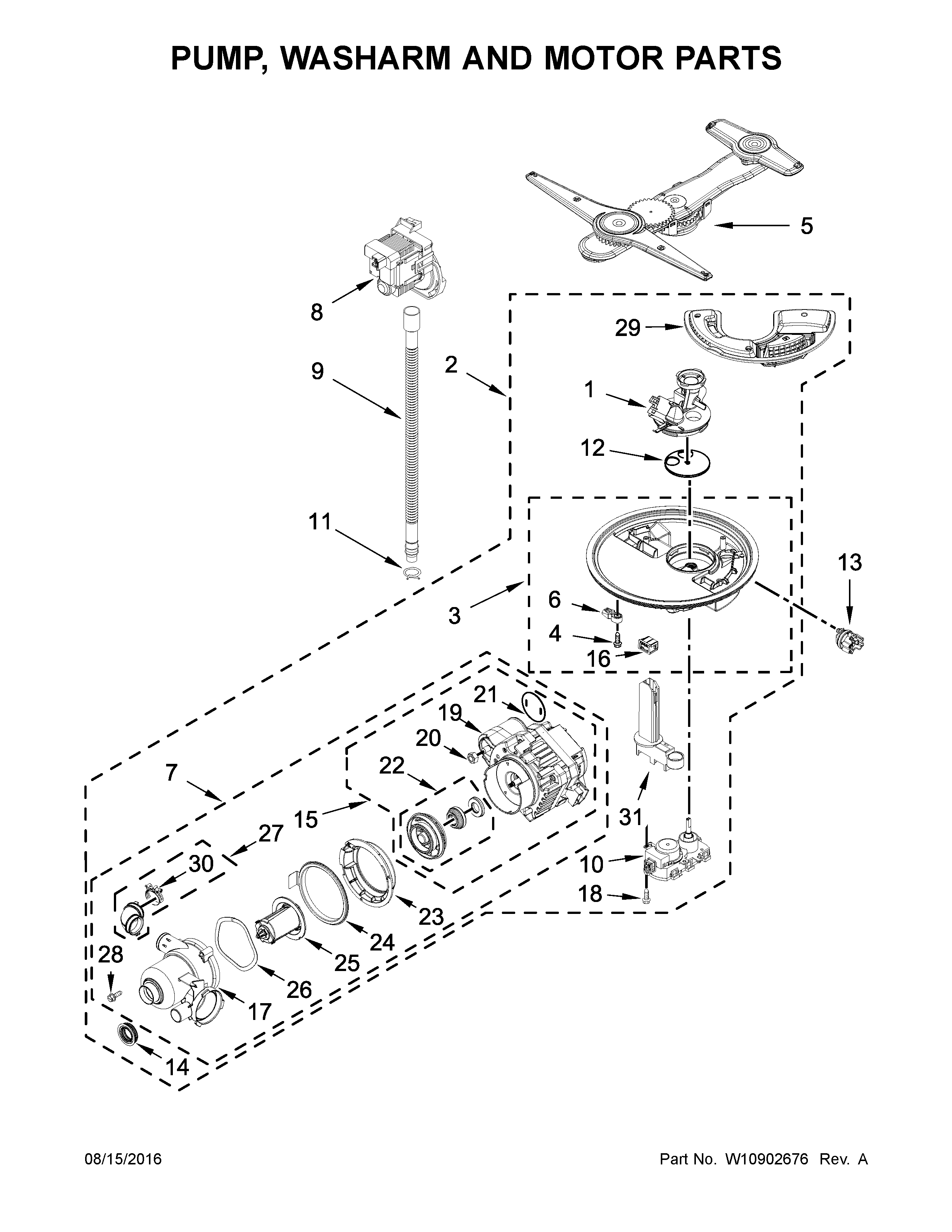 Pump, washarm and motor parts
