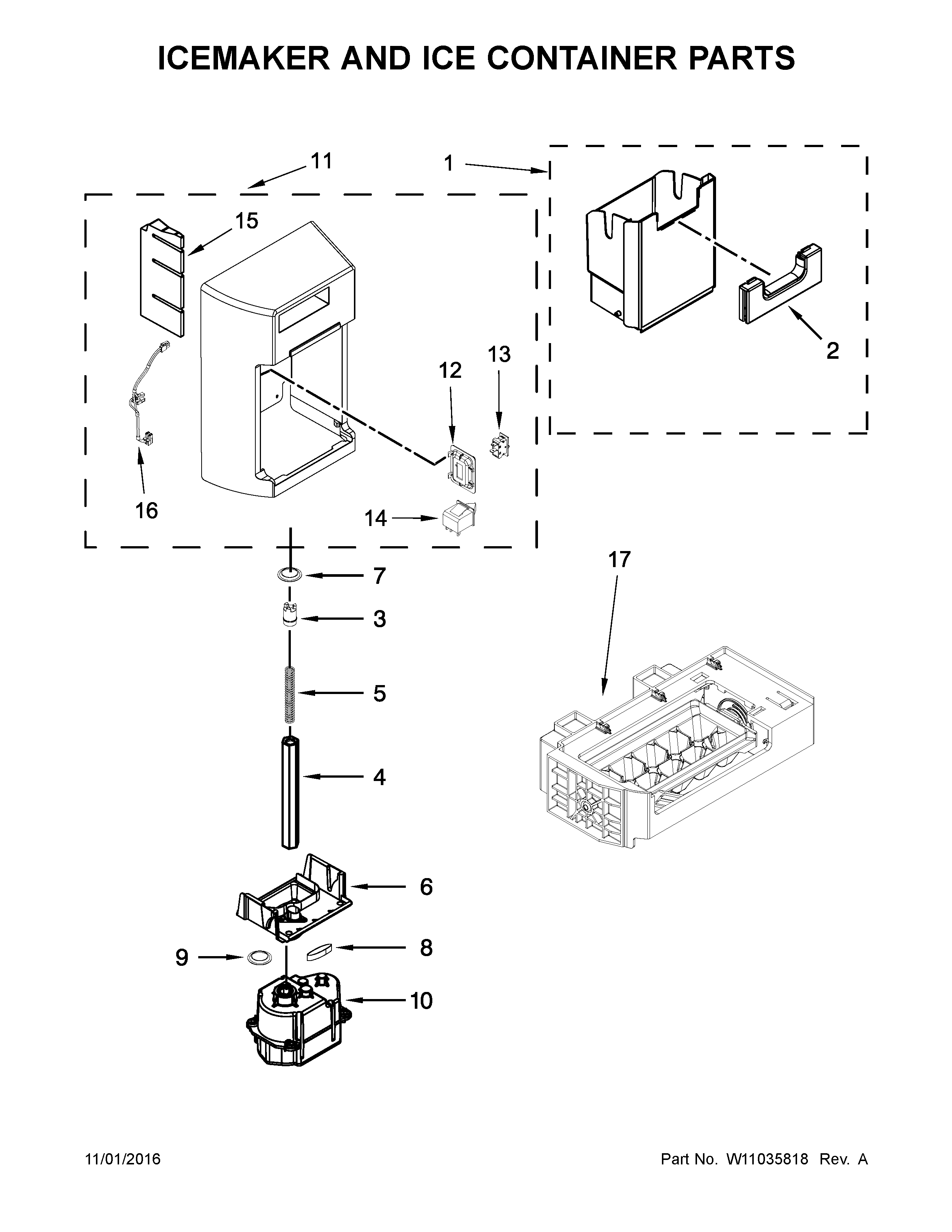 Icemaker and ice container parts
