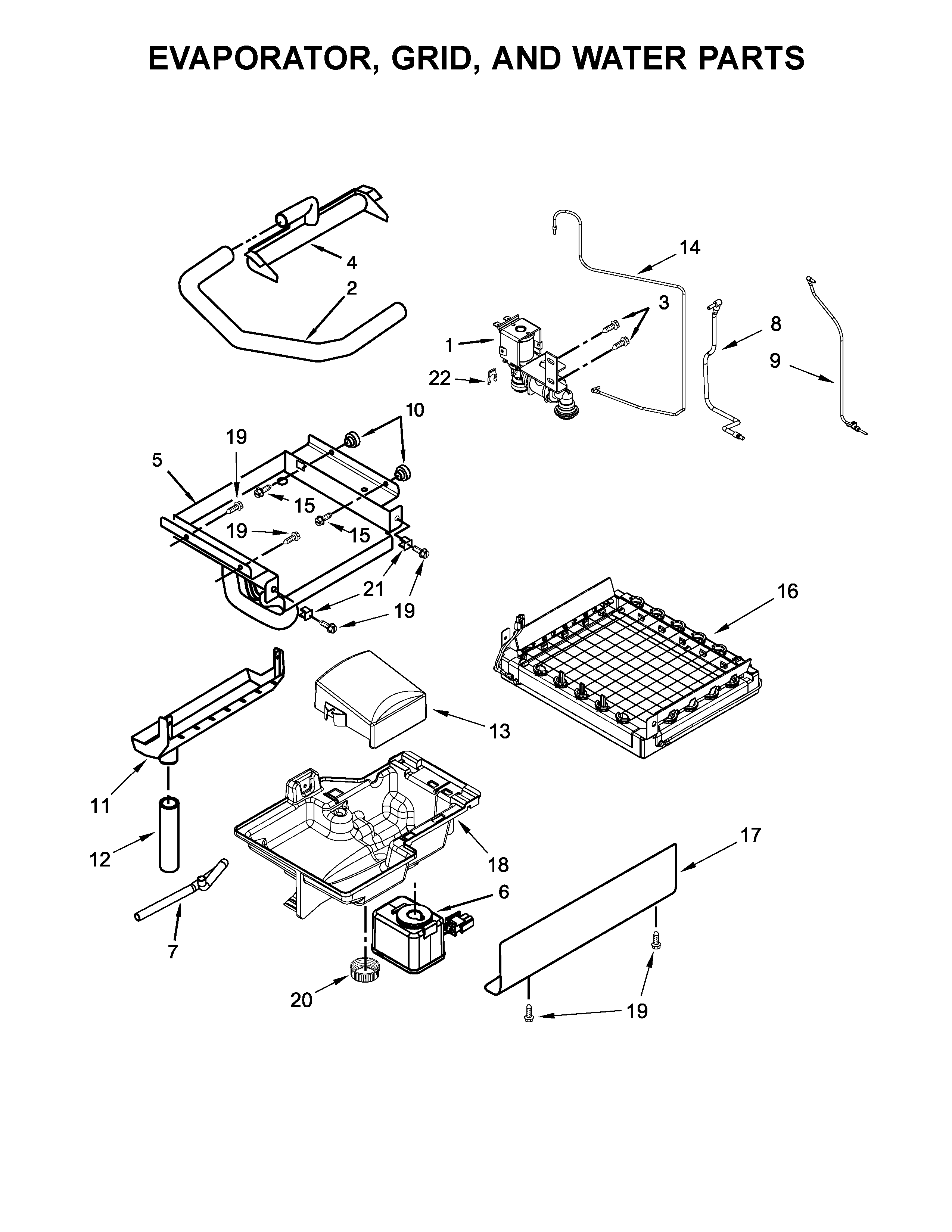 Evaporator, grid, and water parts