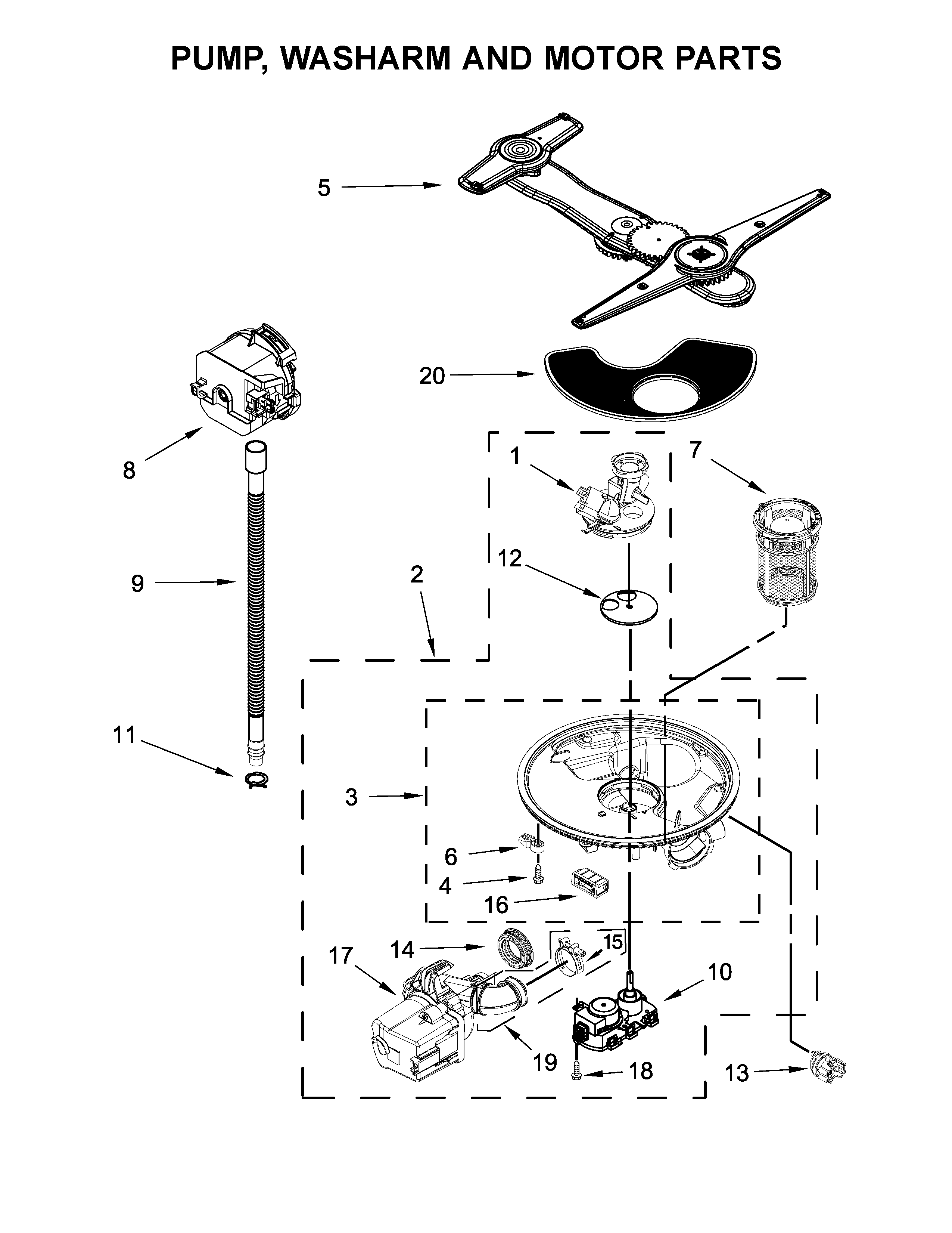 Pump, washarm and motor parts