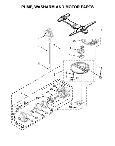 Pump, washarm and motor parts