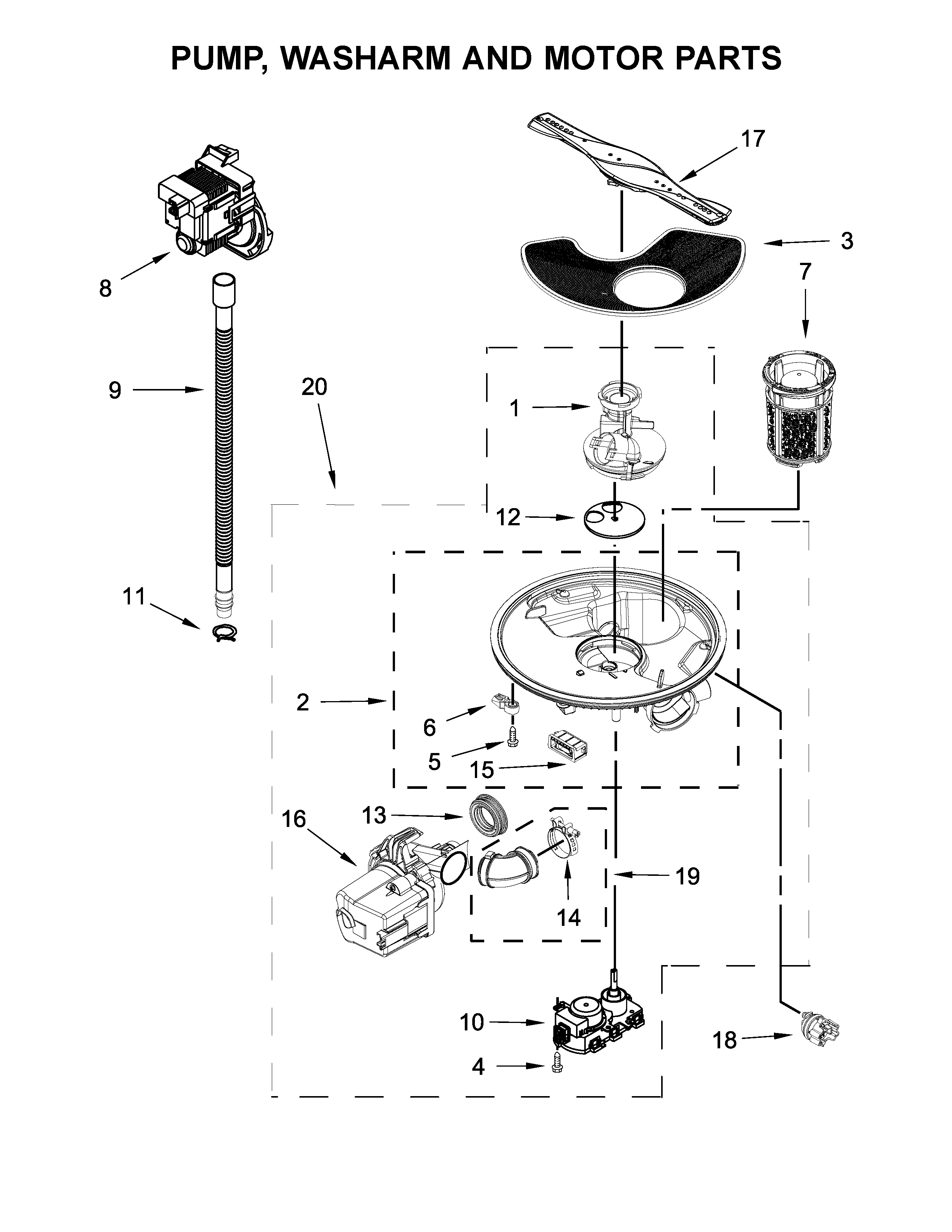 Pump, washarm and motor parts
