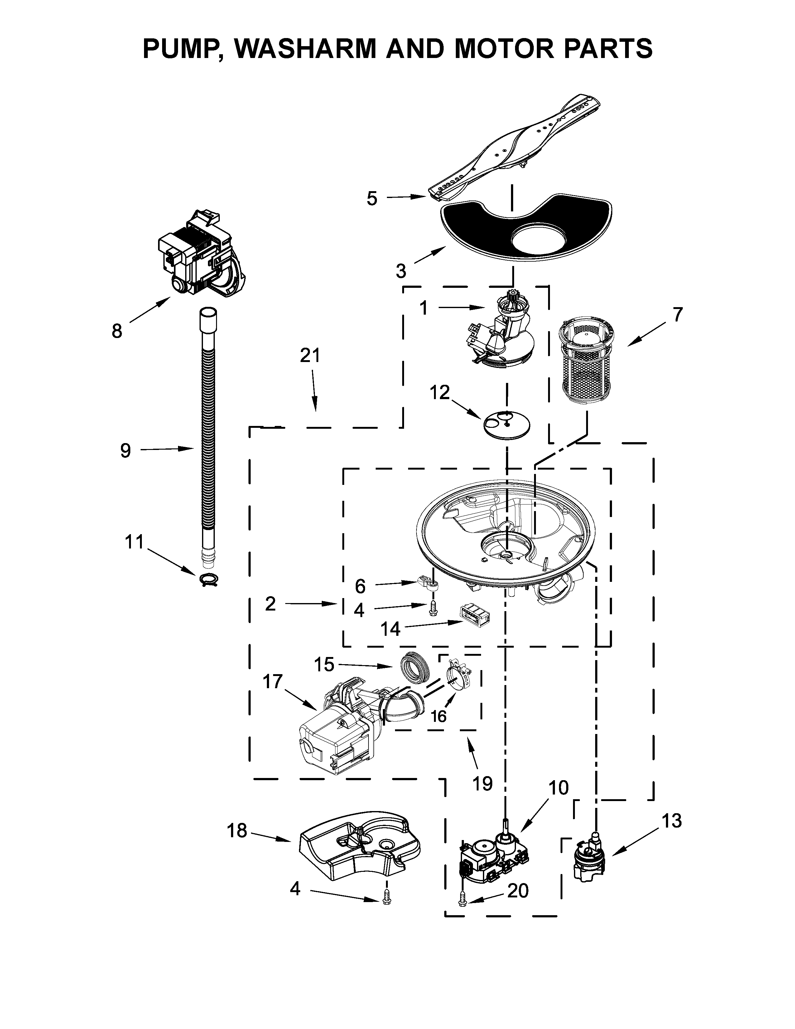 Pump, washarm and motor parts