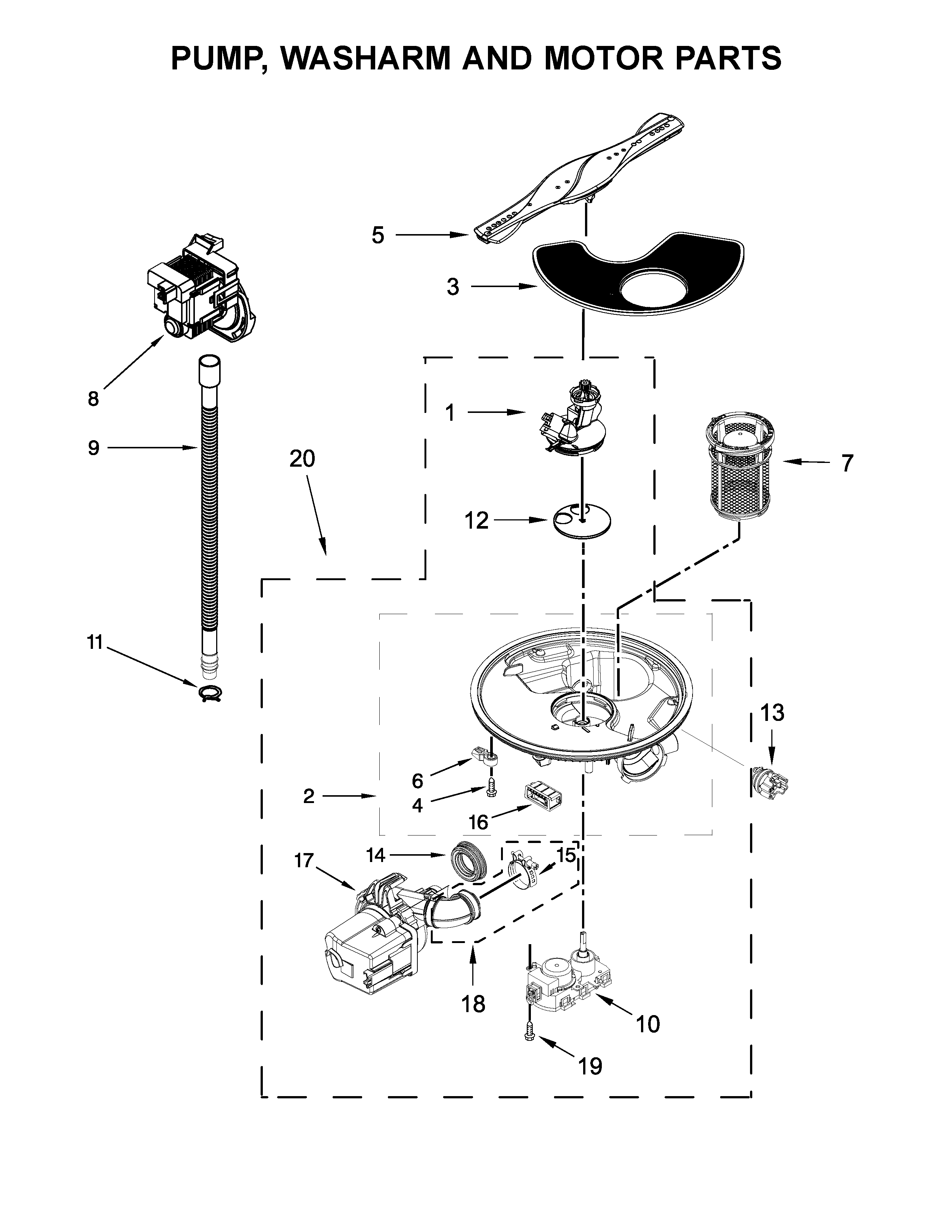 Pump, washarm and motor parts