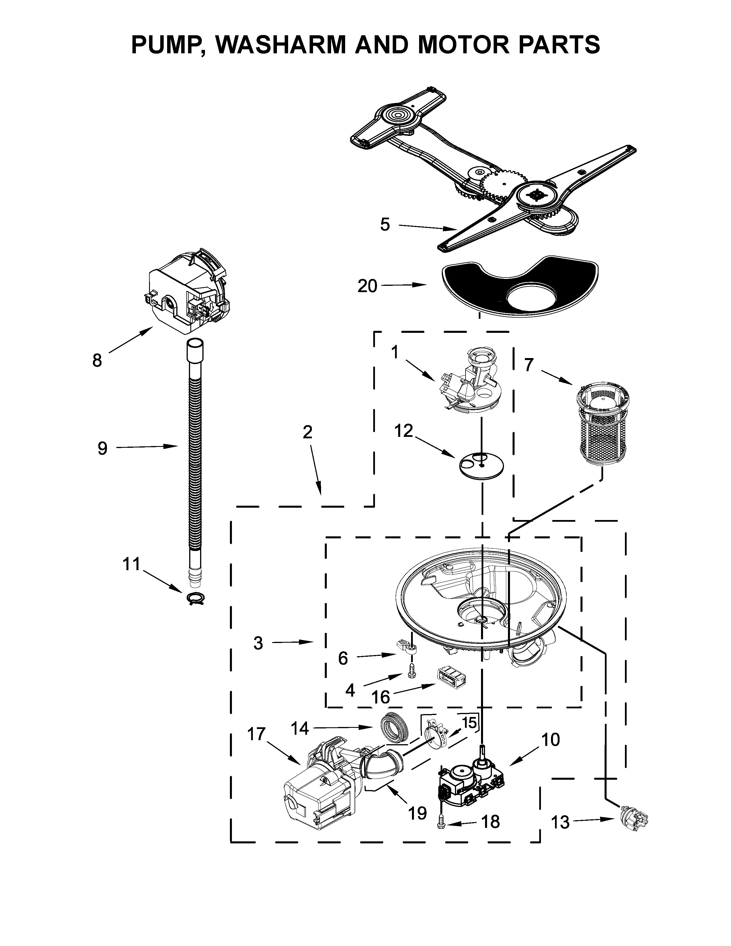 Pump, washarm and motor parts