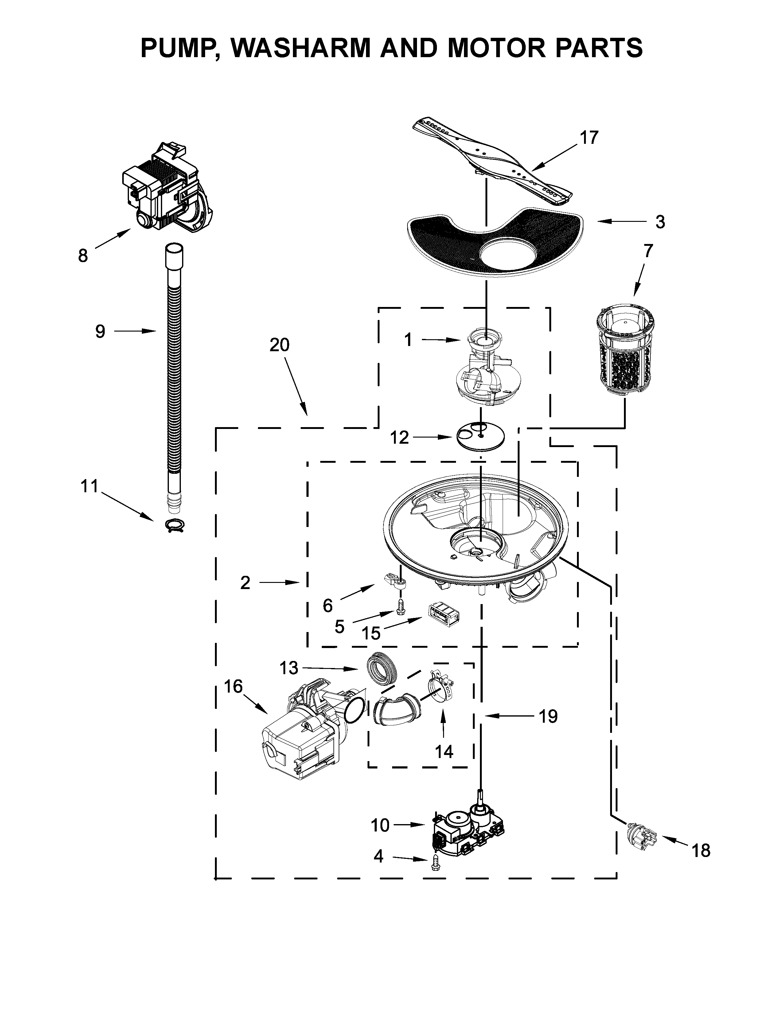 Pump, washarm and motor parts