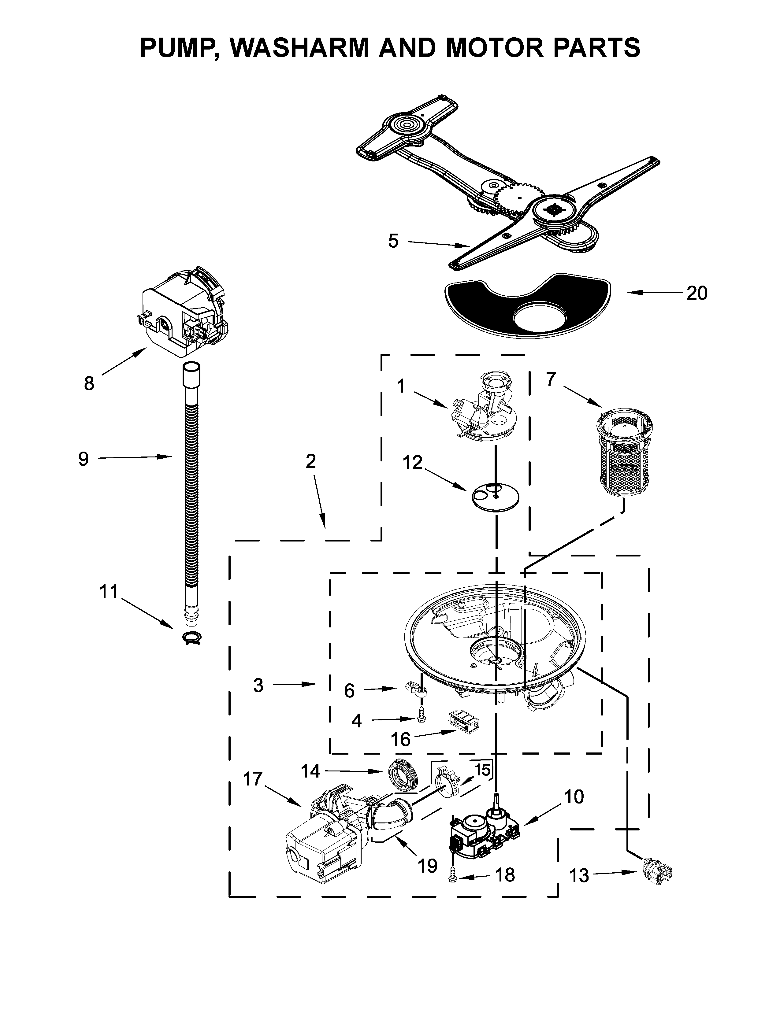 Pump, washarm and motor parts