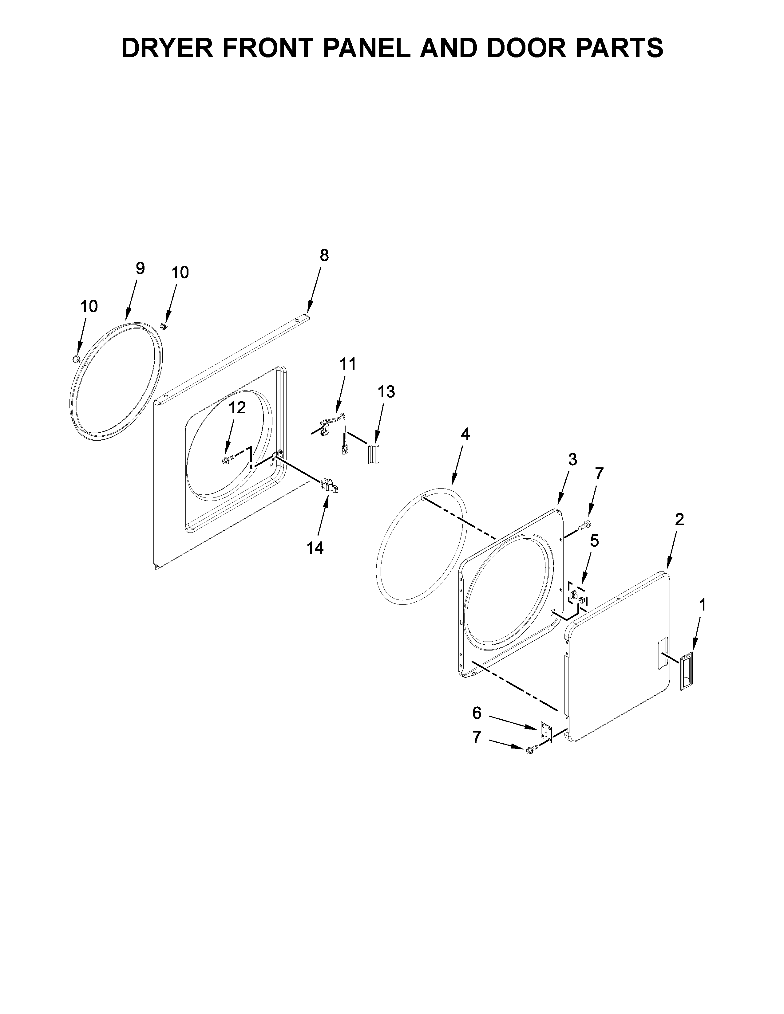 Dryer front panel and door parts