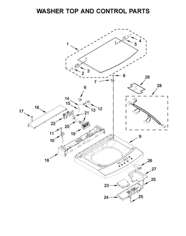 Washer top and control parts