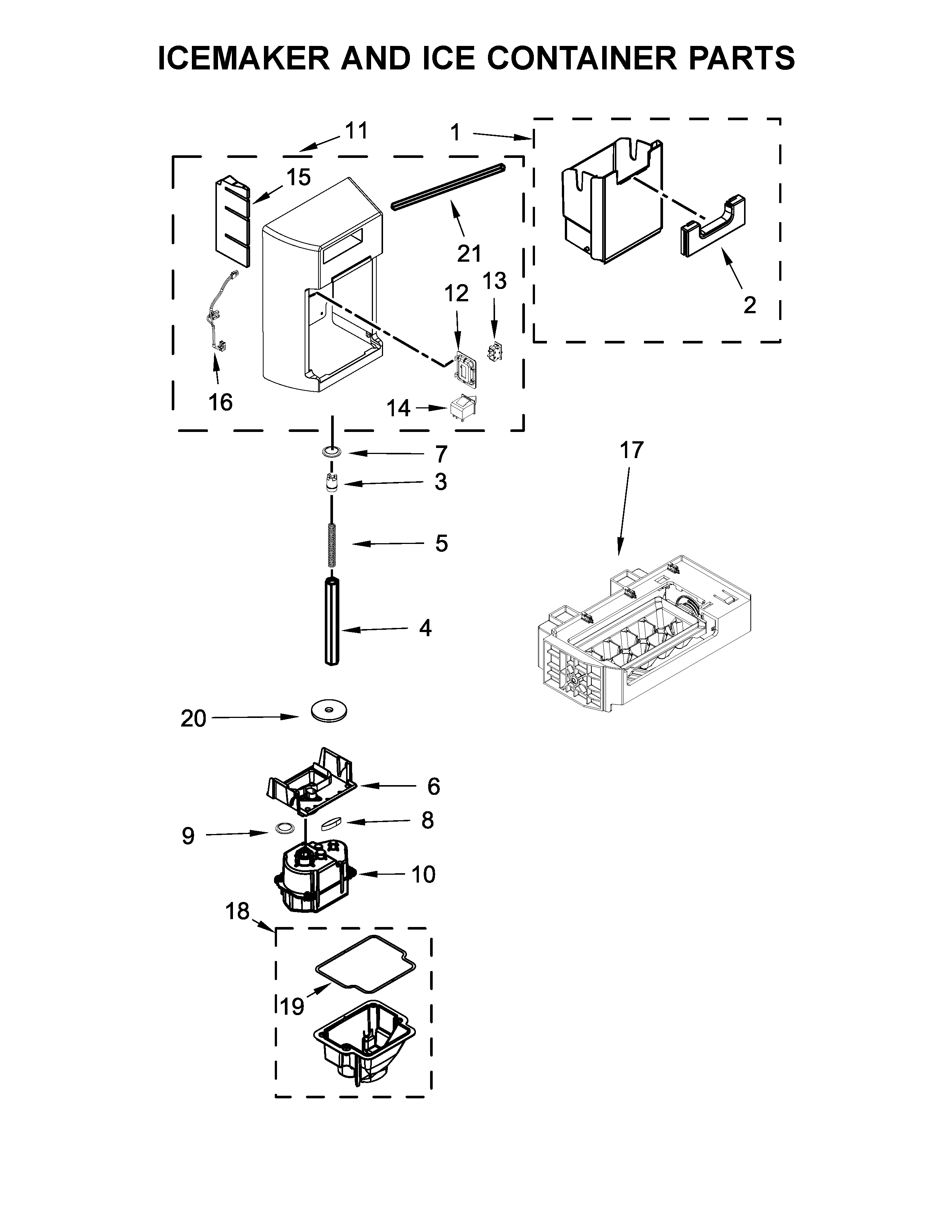 Icemaker and ice container parts