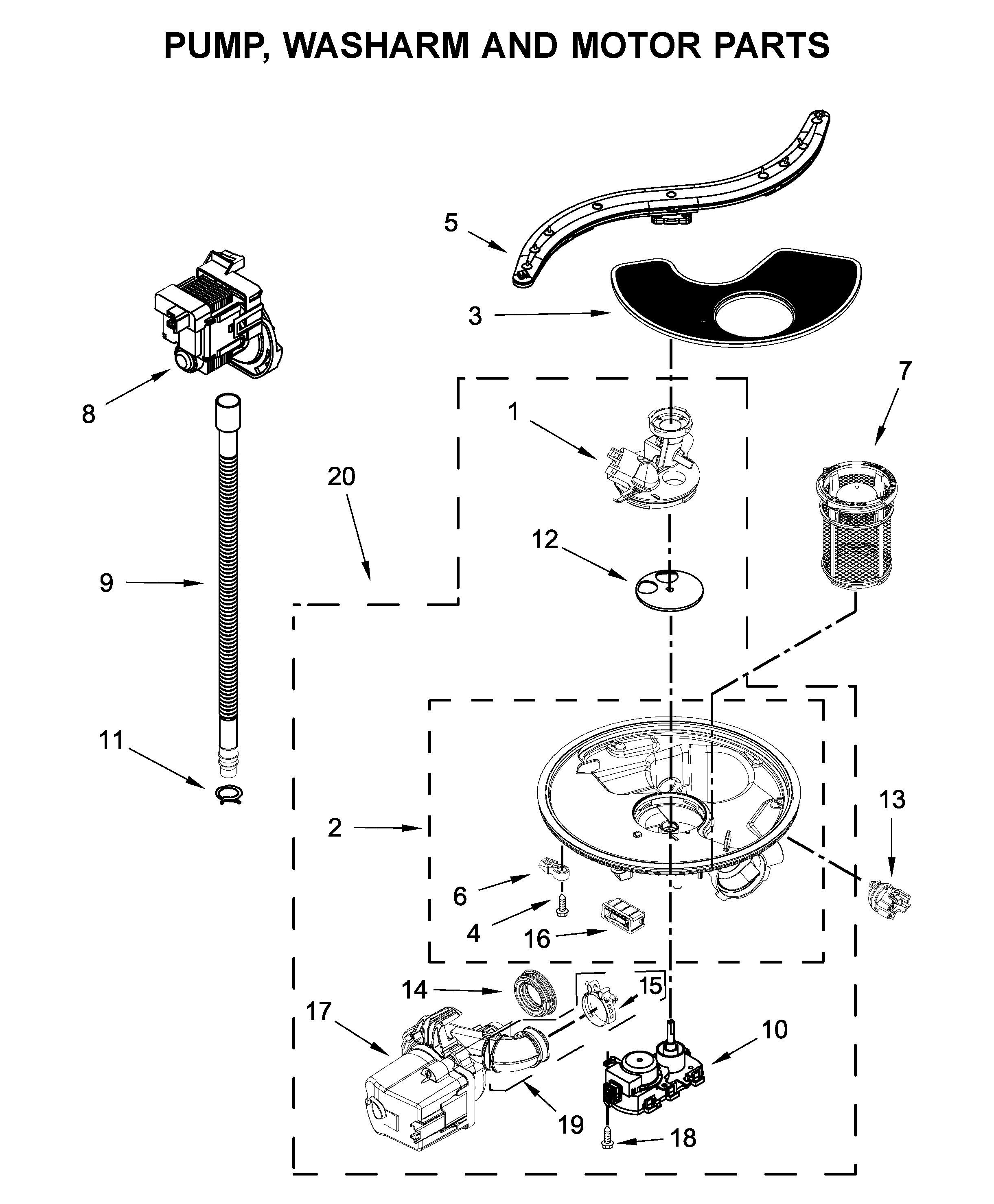 Pump, washarm and motor parts