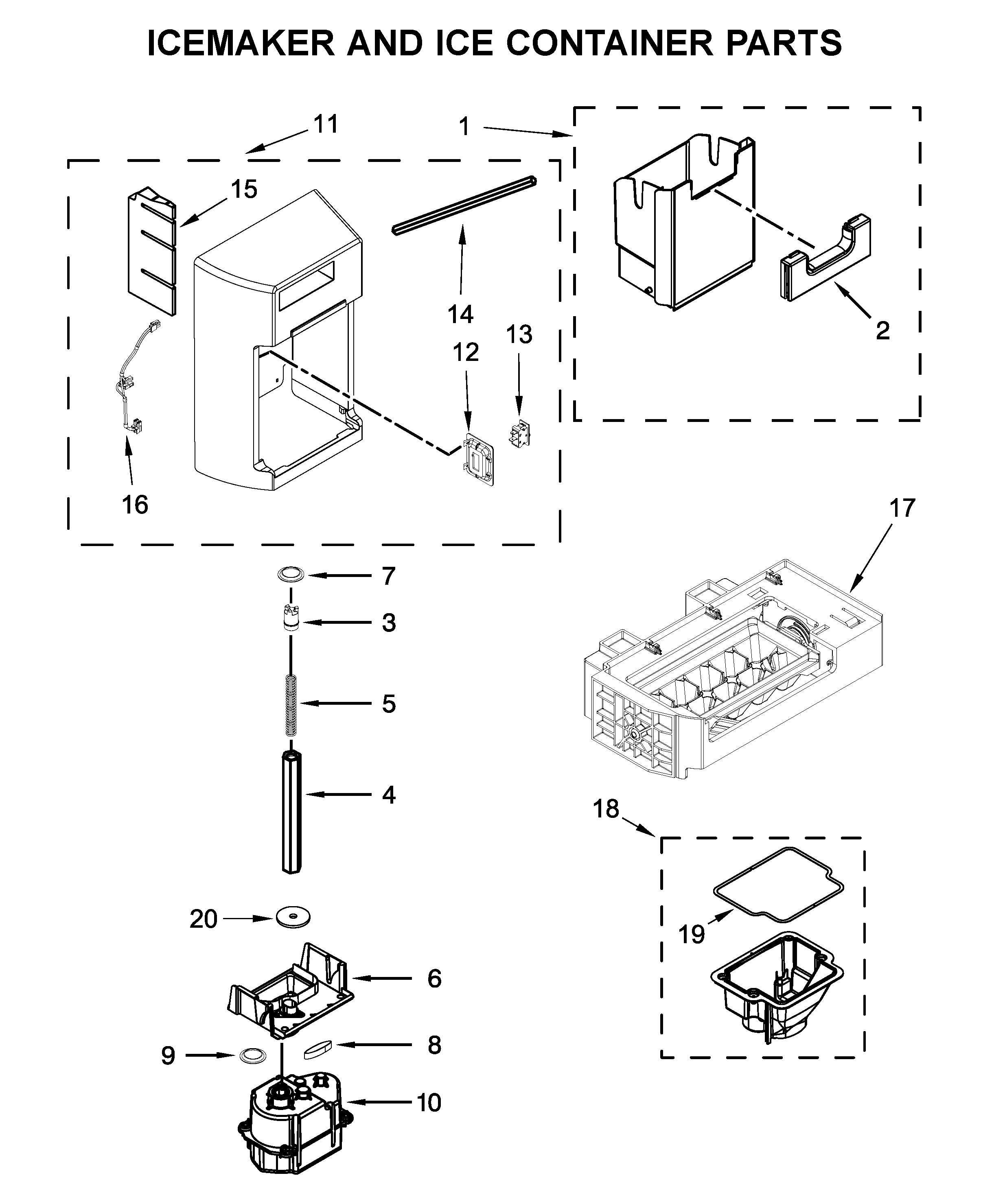 Icemaker and ice container parts