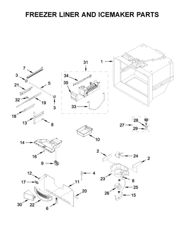 Freezer liner and icemaker parts