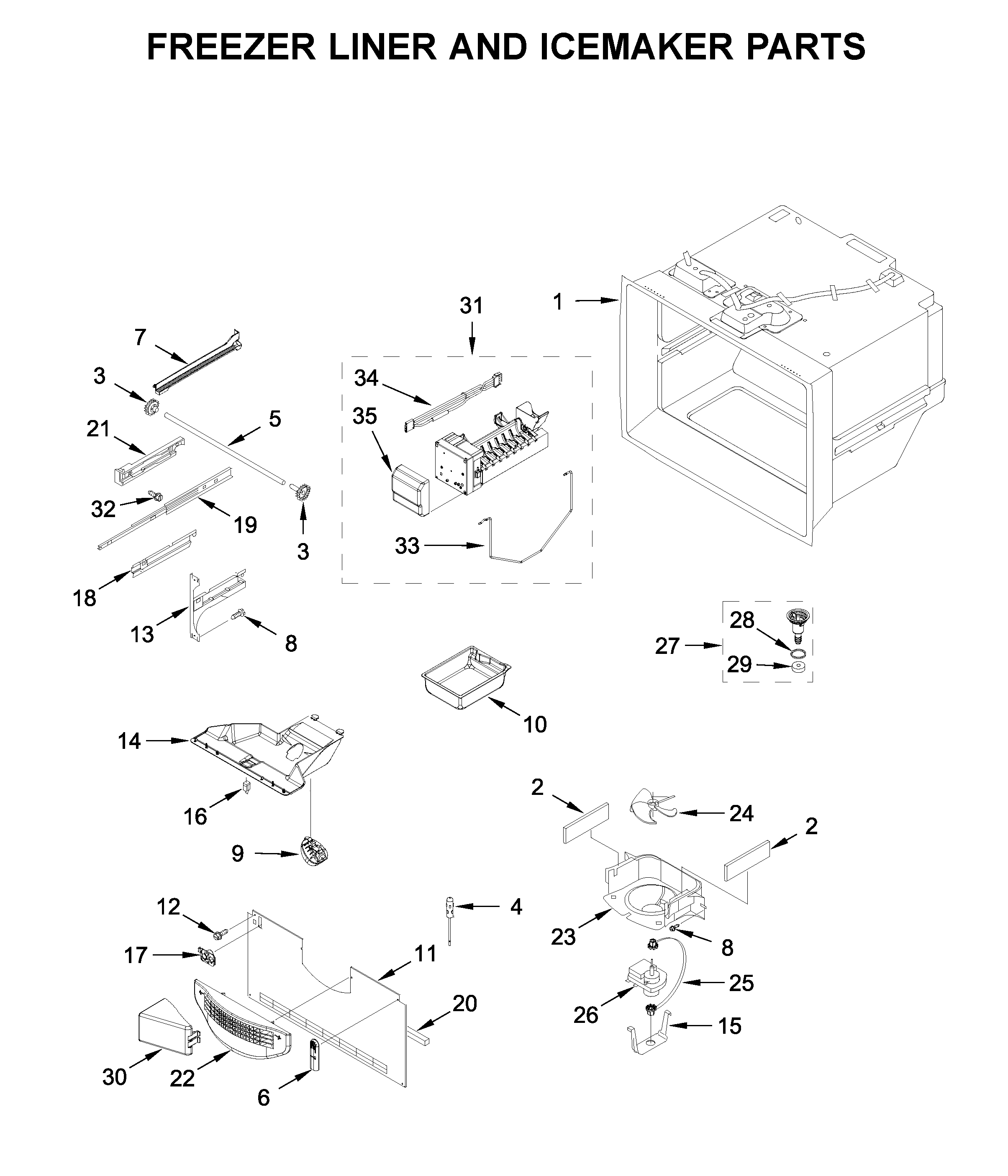 Freezer liner and icemaker parts