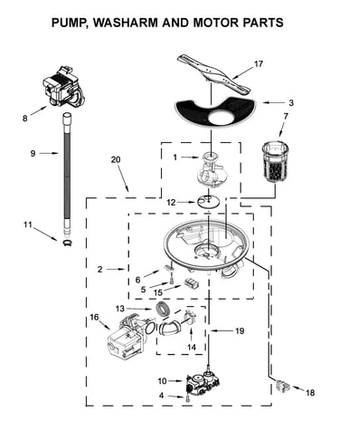 Pump, washarm and motor parts