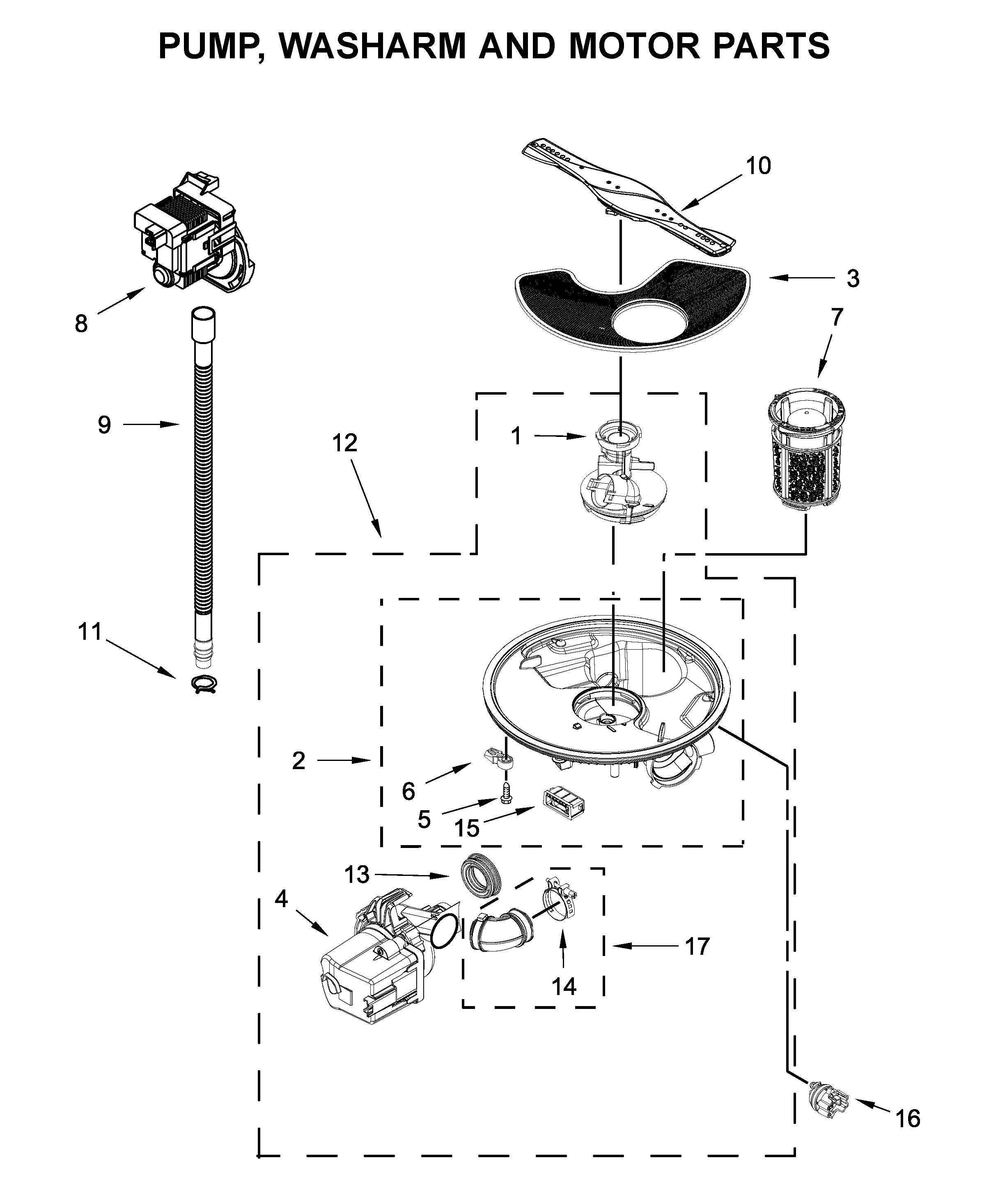 Pump, washarm and motor parts